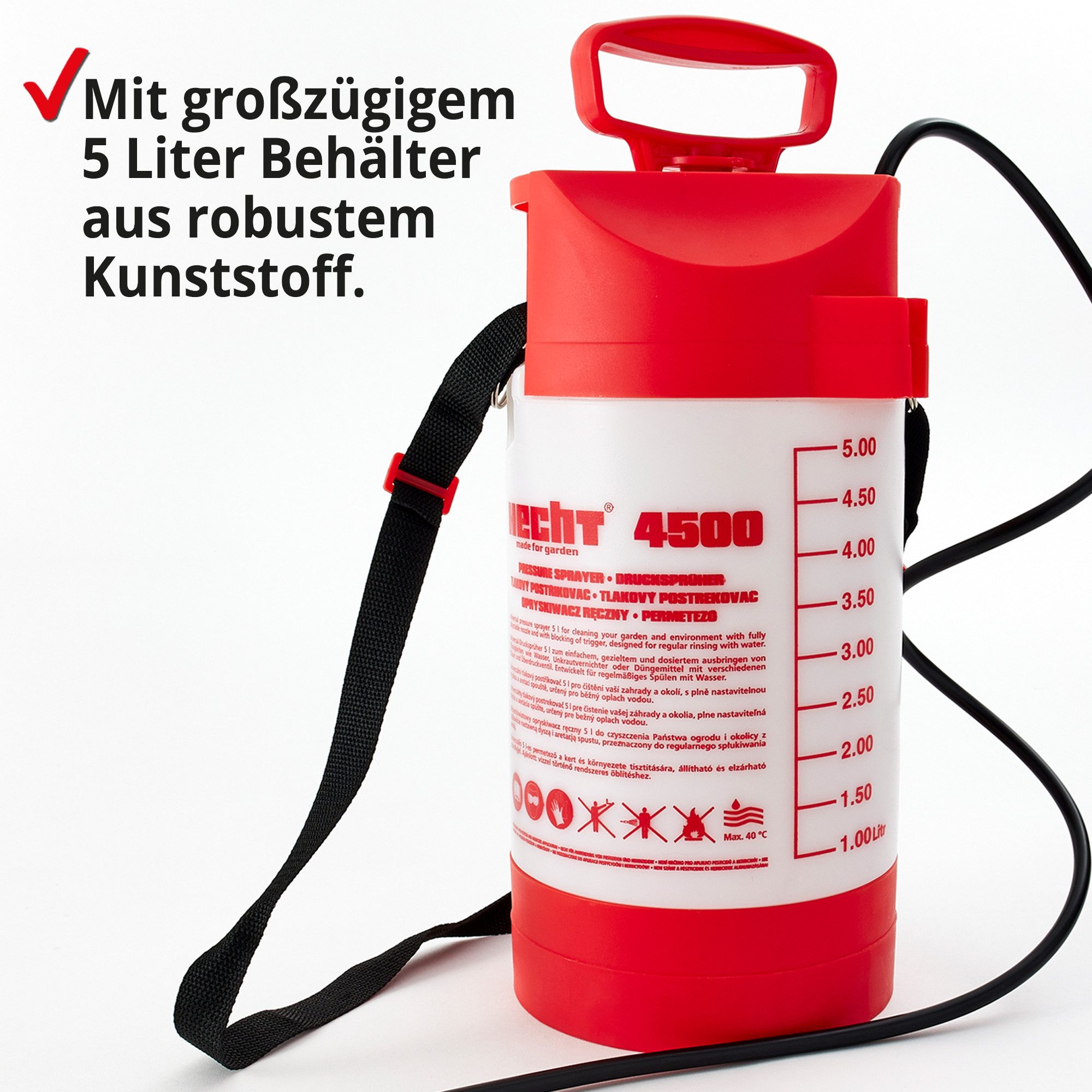 Hecht Drucksprühgerät 4500 mit Mesing Spritzrohr und Düse, inklusive Schultergurt, 3bar, 5 Liter – Bild 5 von 5