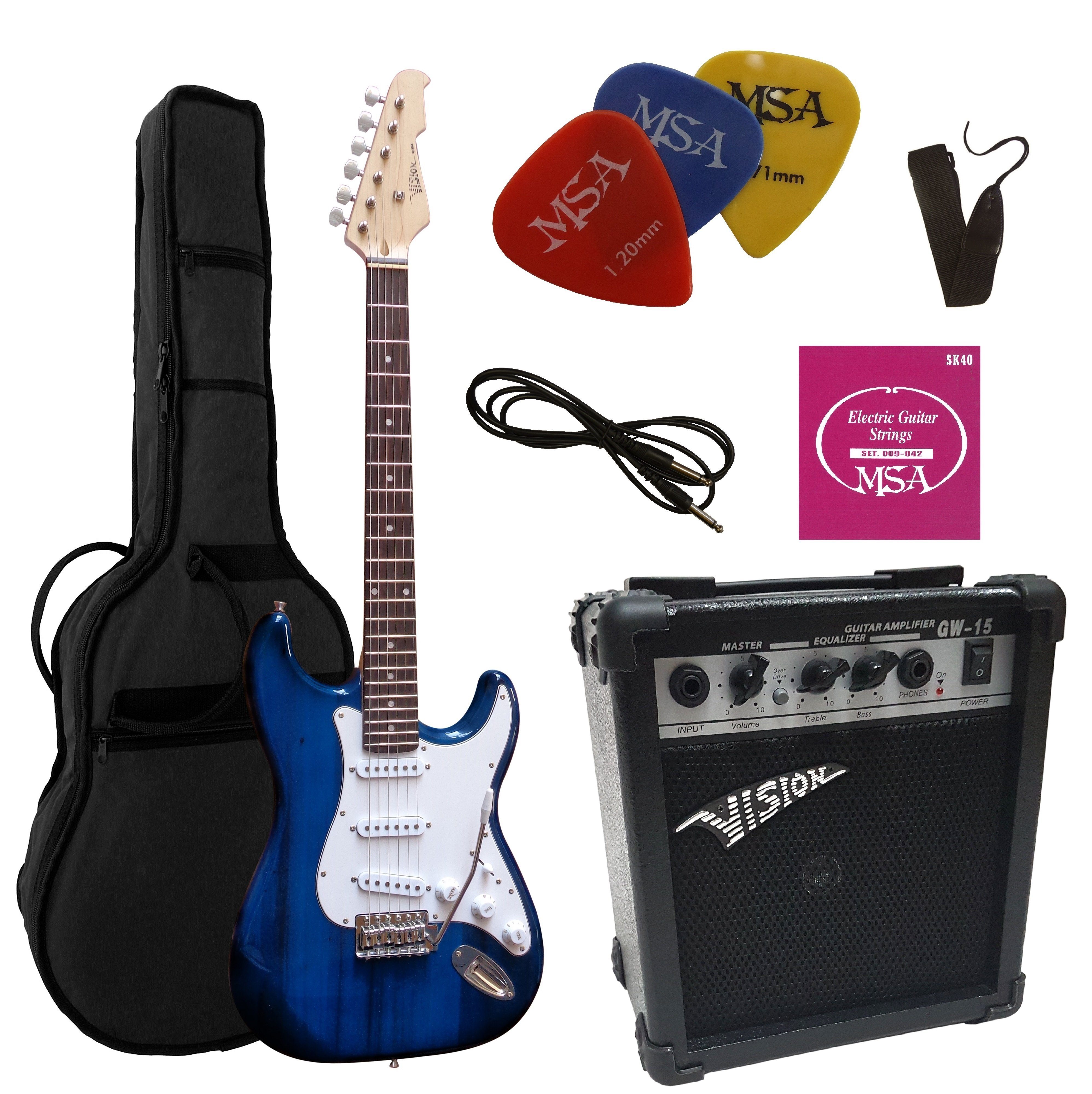 MSA E-Gitarre ST5, Elektrogitarre im Set, mit 20 Watt Verstärker, Tasche, Band,Saiten, 3xPik, Tremolo