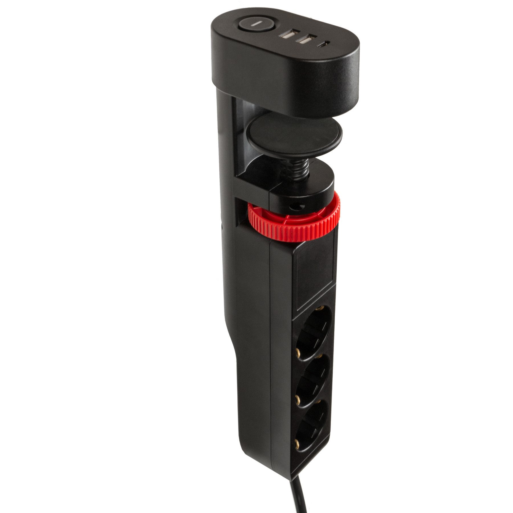 FeinTech MD833 Tischsteckdose klemmbar Steckdosenleiste 3-fach (Ein- / Ausschalter, Schalterbeleuchtung, USB-Anschlüsse, Kabellänge 3 m), Klemmbefestigung, USB-C Power Delivery