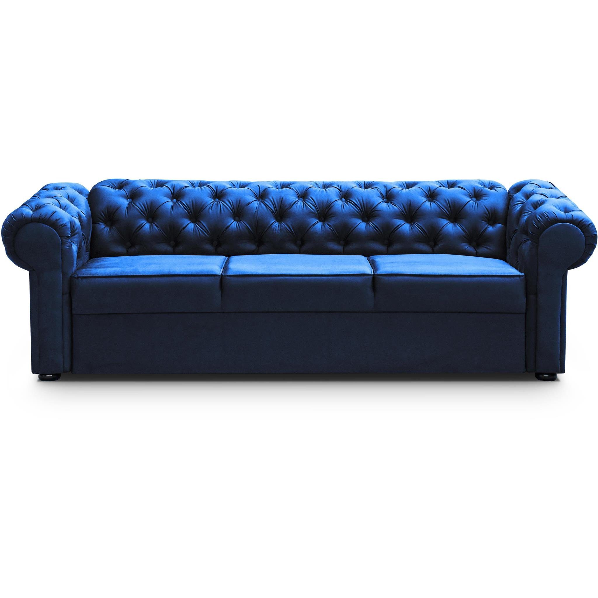 3-Sitzer aus mit Sofa Marineblau Sofa Beautysofa Chester, Steppung, Relaxfunktion Velours, (kronos 09) mit Dreisitzer