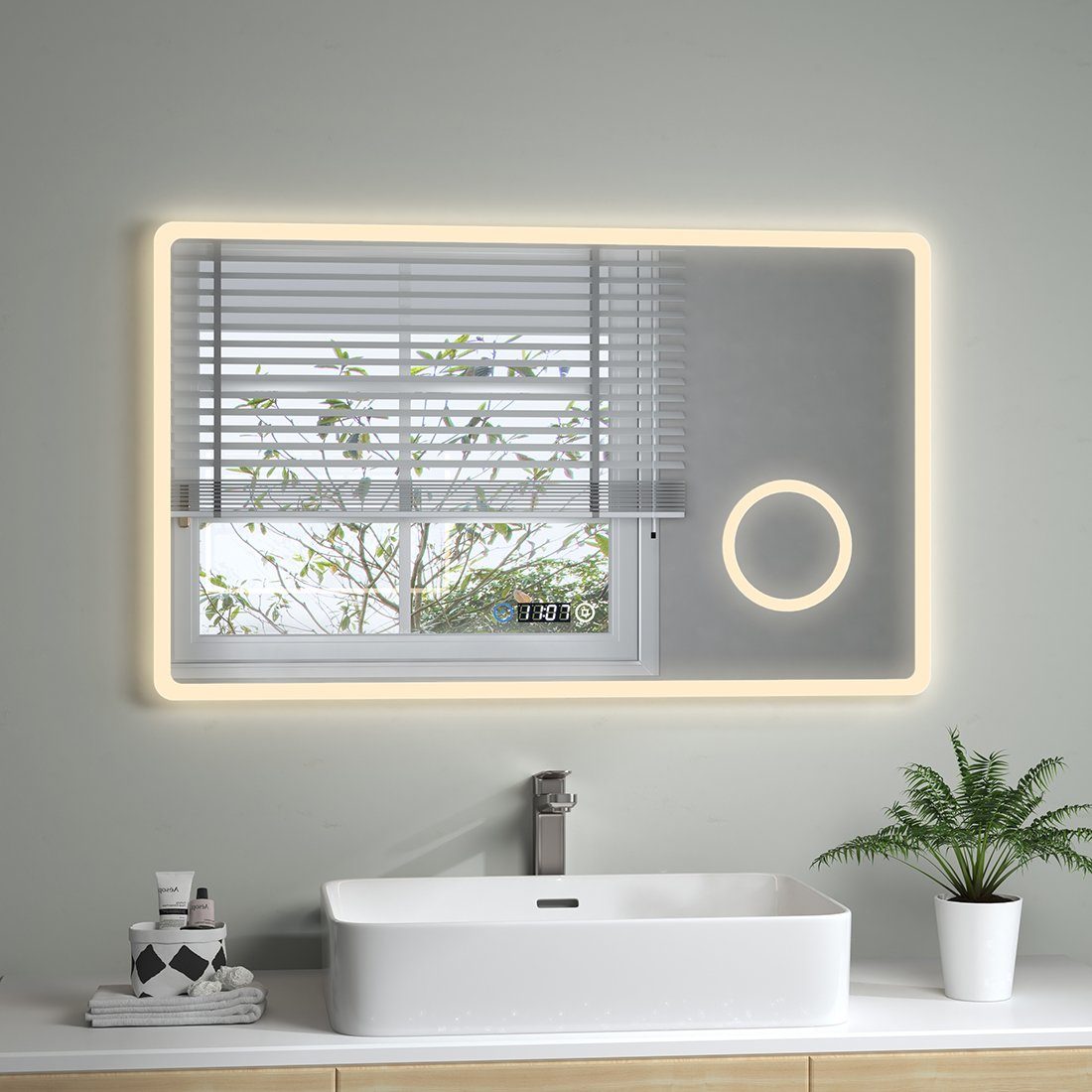 S'AFIELINA Badspiegel Badezimmerspiegel mit Beleuchtung LED Badspiegel  Wandspiegel, 100 x 60 cm,Touch-Schalter,Uhr,3 Lichtfarbe,3-Fach Vergrößerung