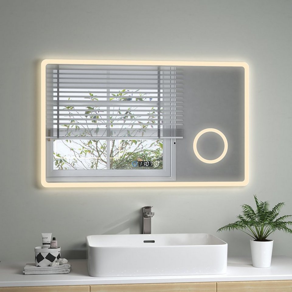 s'afielina badspiegel badezimmerspiegel mit beleuchtung led badspiegel  wandspiegel, 100 x 60 cm,touch-schalter,uhr,3 lichtfarbe,3-fach vergrößerung