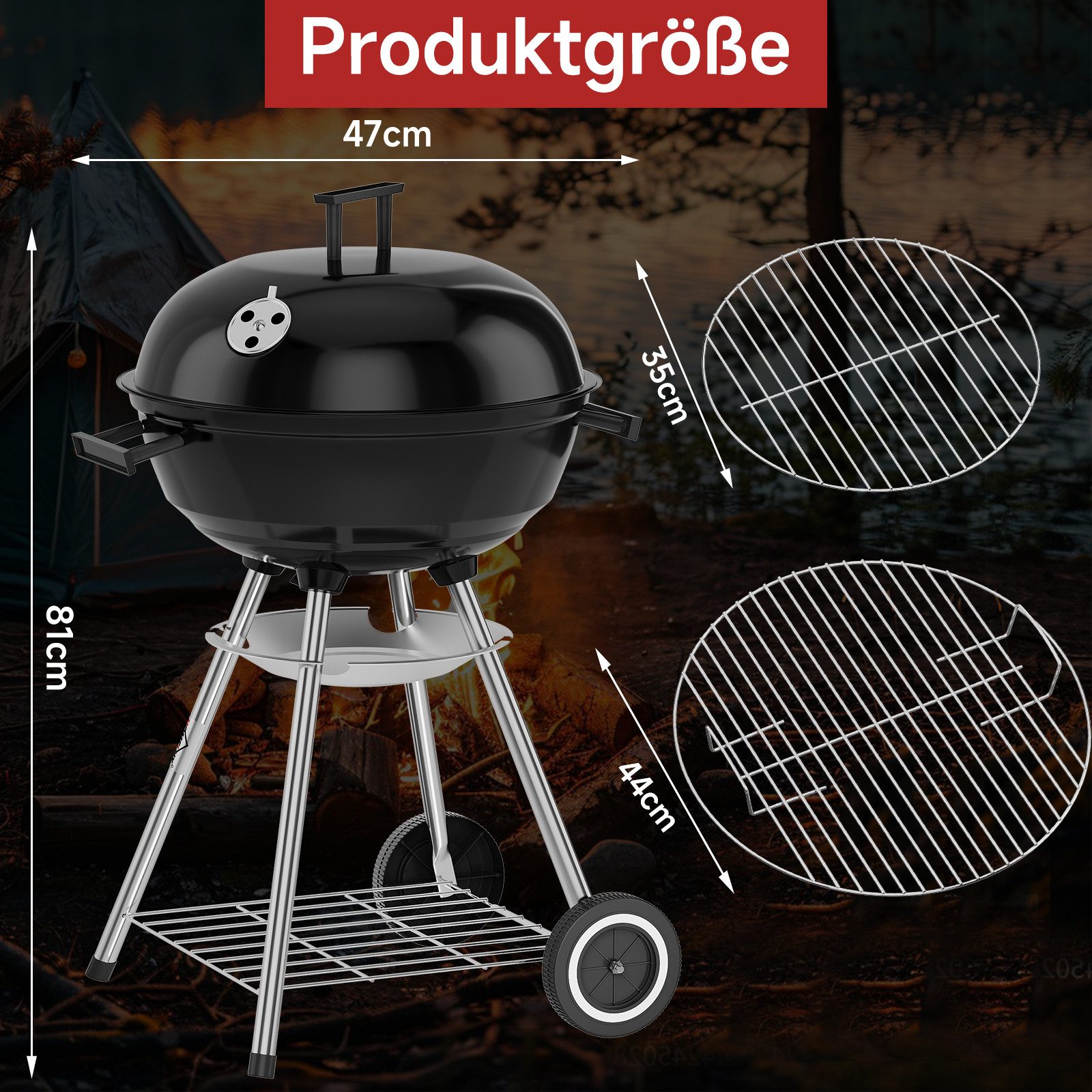 HOMELUX Holzkohlegrill Kugelgrill Ø34/44cm Grillfäche Campinggrill mit Luftventilen & Deckel, Verbrühungsschutz-Grif, Robust & langlebig, Grillwagen mit Ablage & Räder