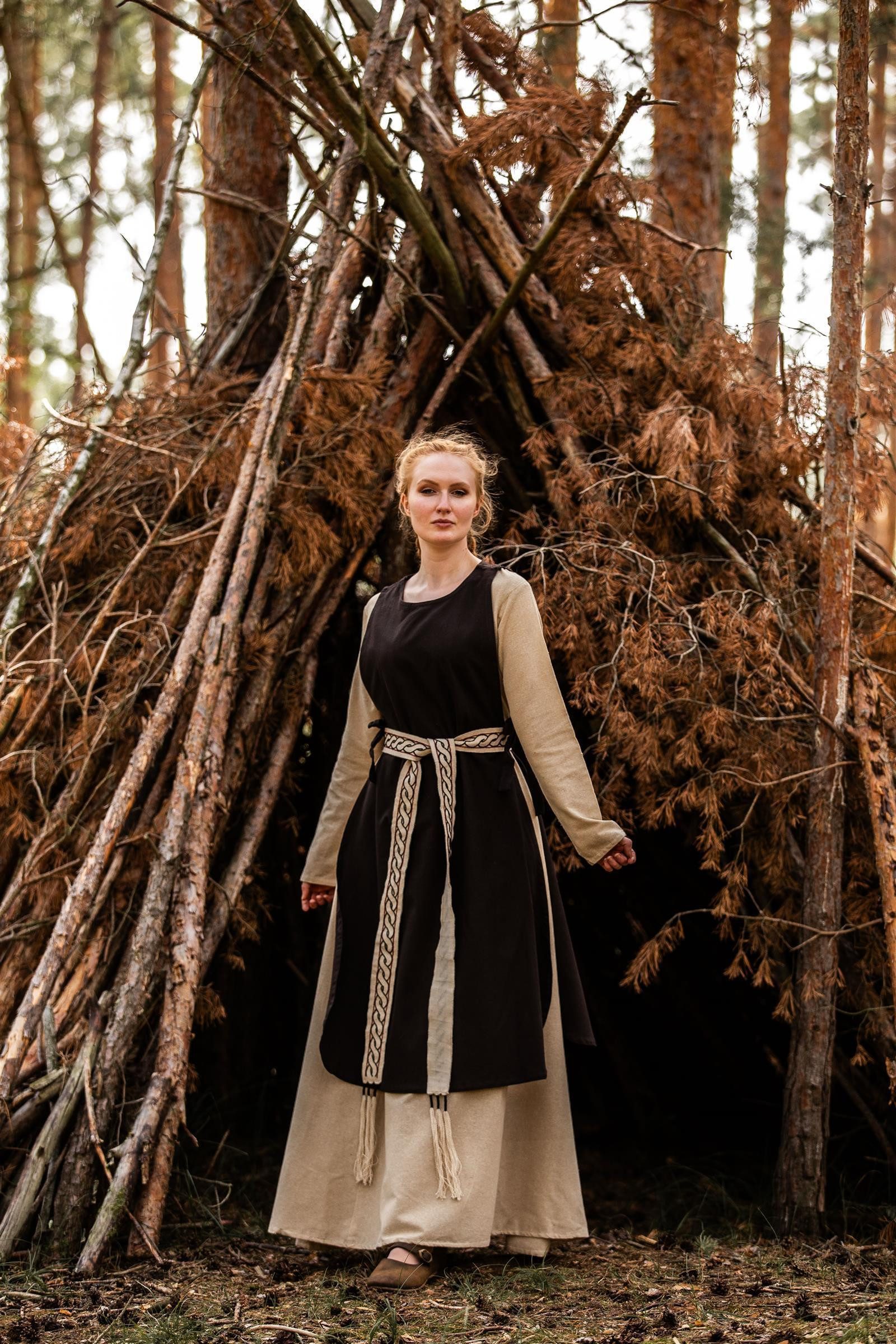 Leonardo Carbone Wikinger-Kostüm Überkleid "Magdalena" ärmellos, seitliche Bändel, hochwertige Baumwolle