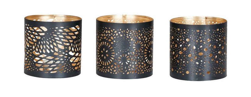 Levandeo® Teelichthalter, 3er Set Windlicht 10x10cm Metall Schwarz Gold Teelichthalter Kerzen