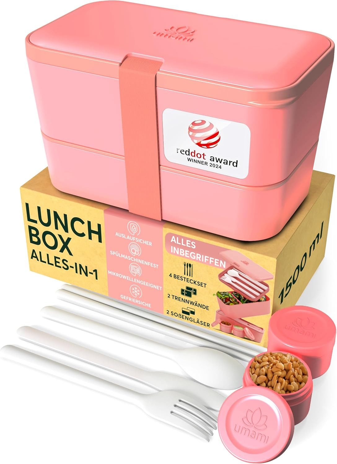 Lunchbox Bento für Erwachsene mit Besteck und 2 Saucenbehältern