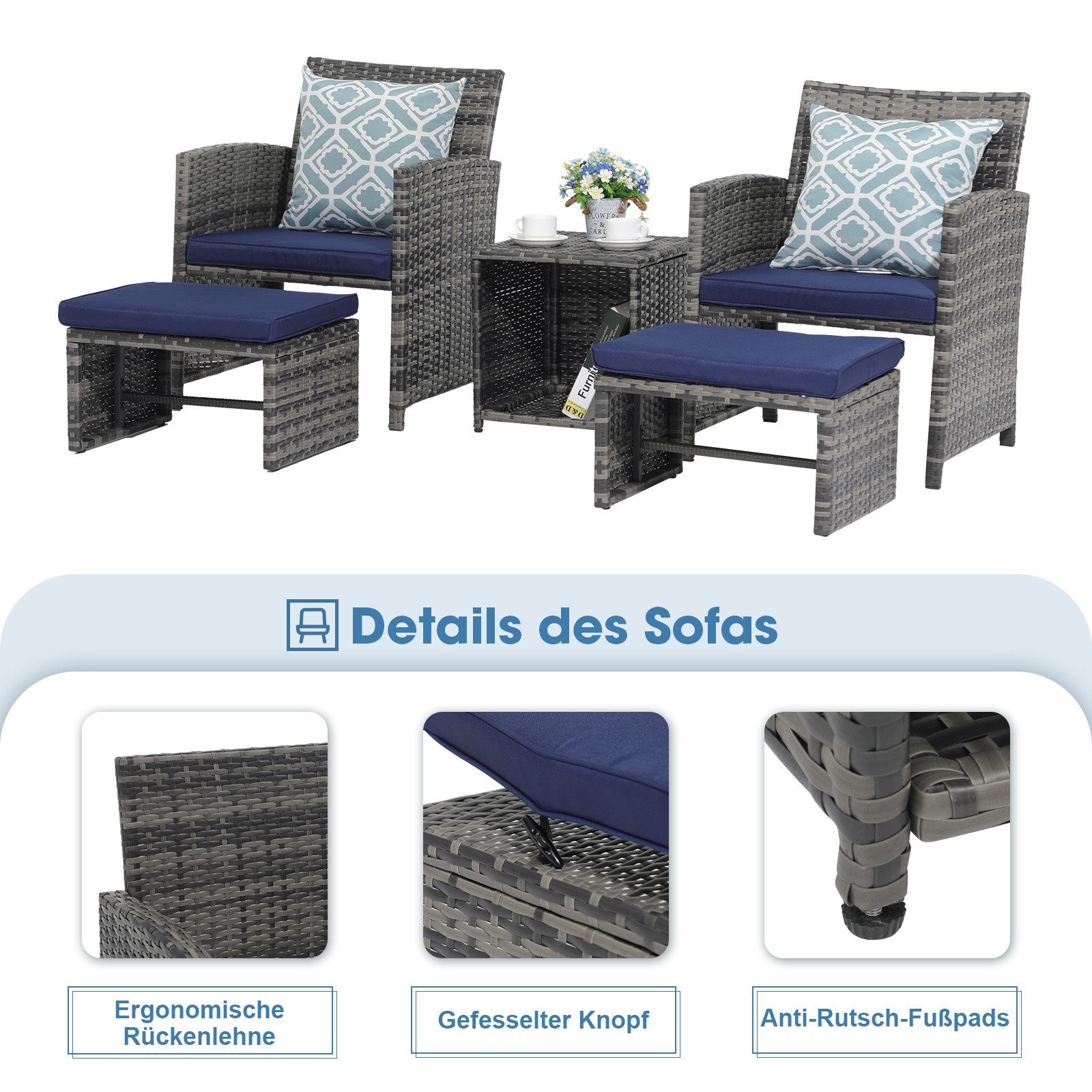 Sunsitt Balkonset Balkonmöbel-Set, 5-tlg Rattan Gartenmöbel-Set, (2er Gartensessel mit Beistelltisch&Hocker,Gartensitzgruppe inkl), Sitzkissen&Rückenkissen, Gartensofa Set für Garten Indoor Balkon, Blau