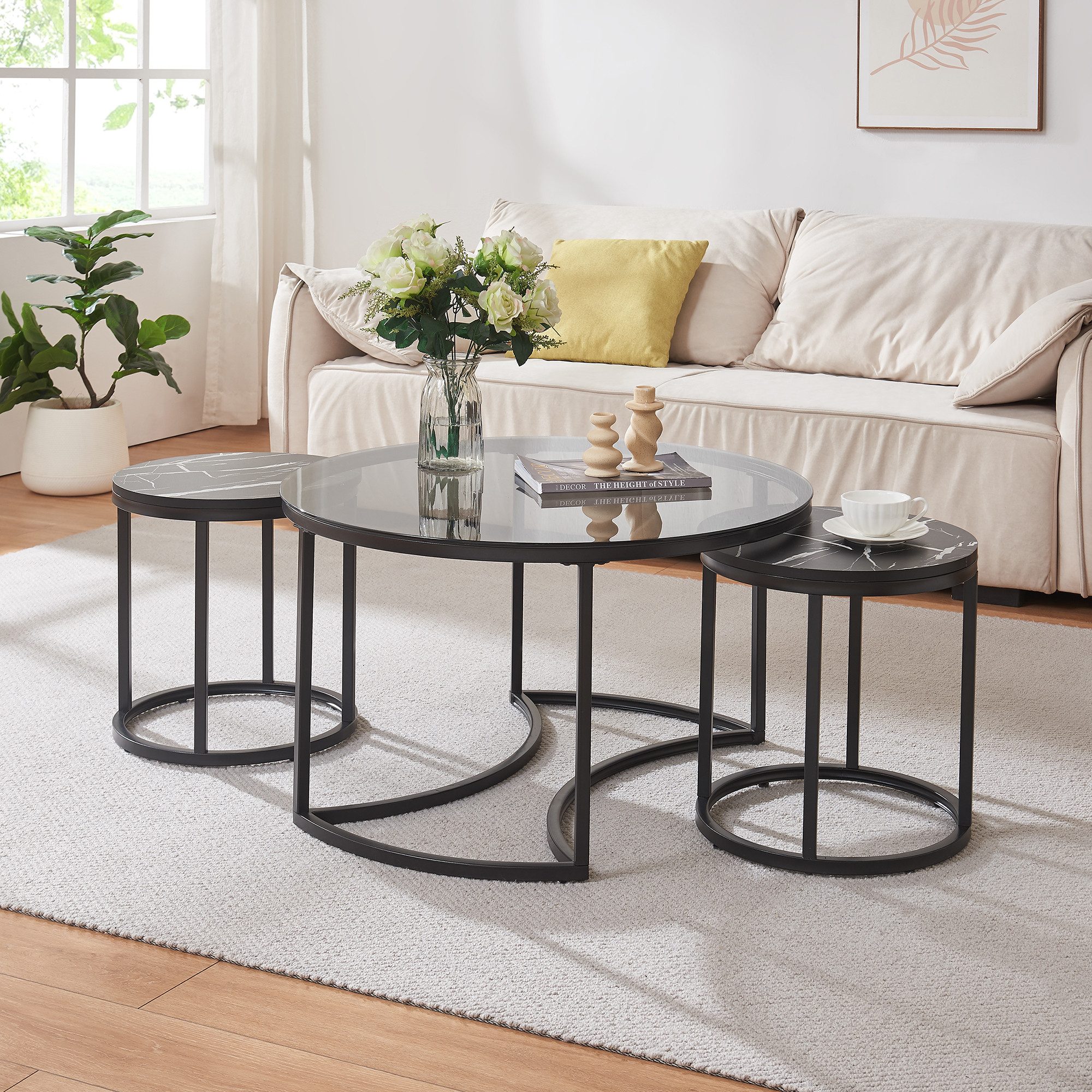 en.casa Couchtisch (Set, 3-St), »Kokkola« Satztisch rund Metall Rauchglas/M günstig online kaufen