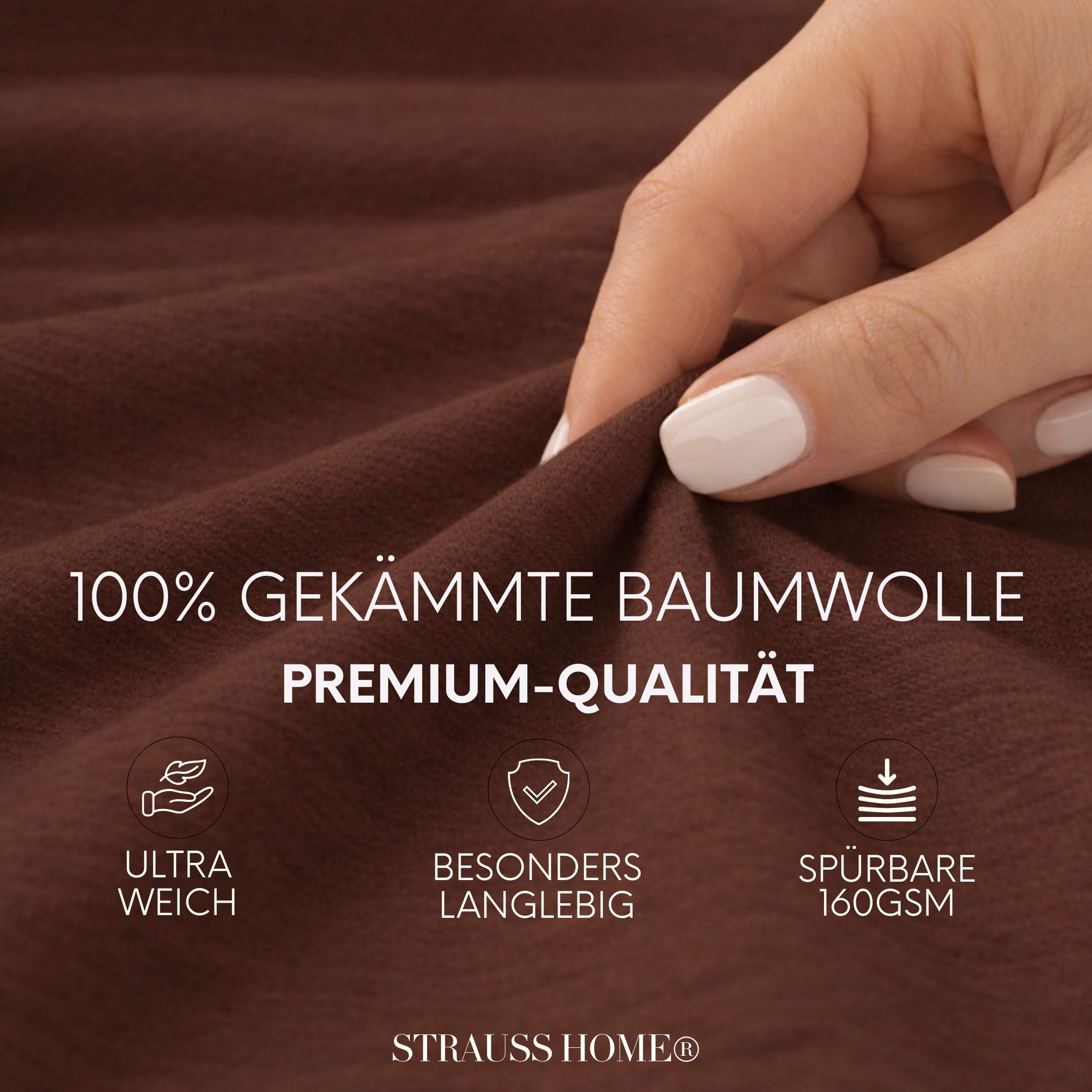 Strauss Home Spannbettlaken Premium 160 g/m² Gekämmte Baumwolle Jersey in Hotelqualität, Gummizug: Rundumgummi, OEKO-TEX®-zertifiziert - Hotelqualität – Formstabil & Langlebig