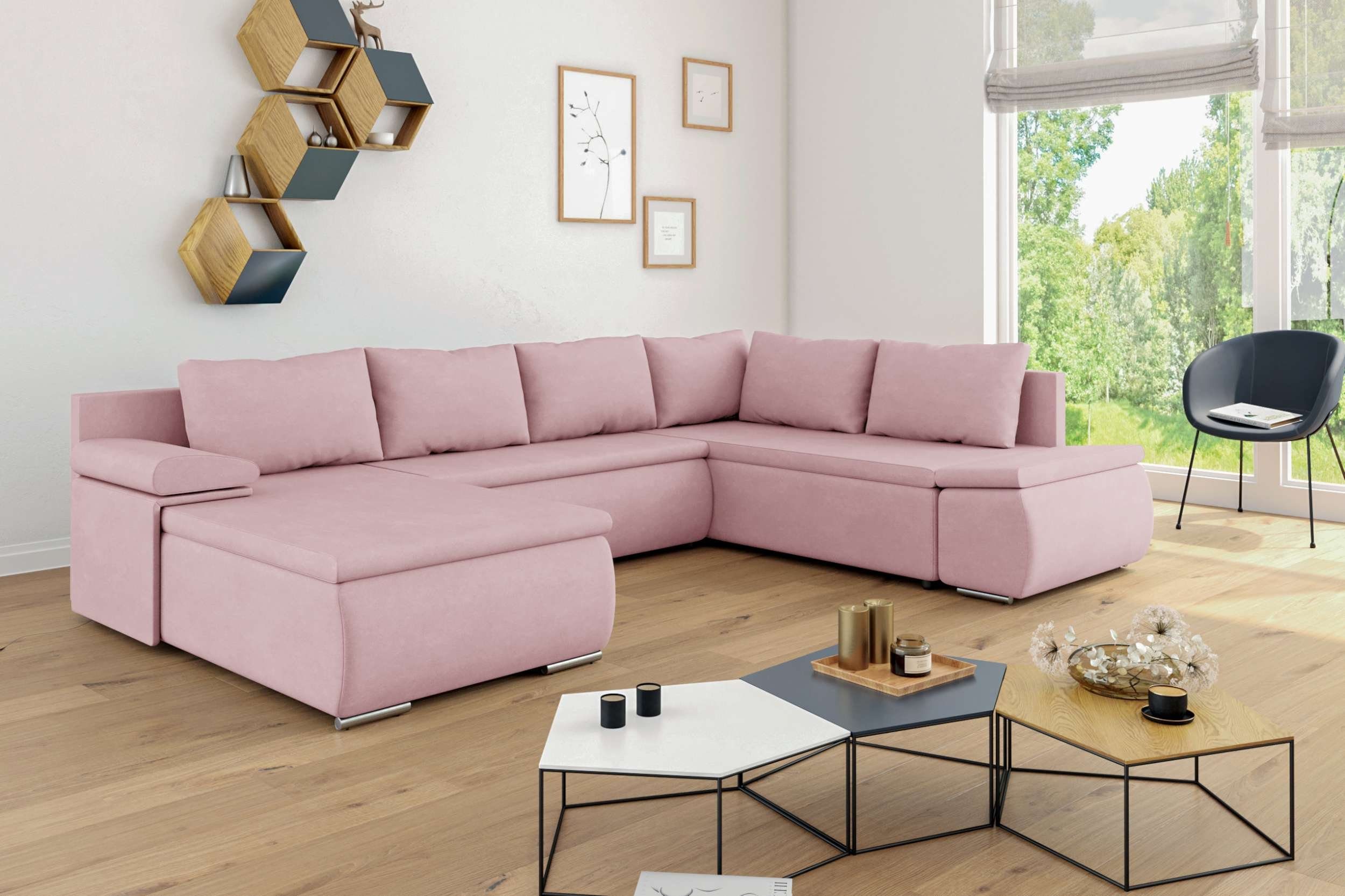 Stylefy Wohnlandschaft Nessi, Sofa, U-Form, mane links oder rechts bestellbar, mit Bettfunktion und Bettkasten, frei im Raum stellbar, Modern Design, mit Wellenfederung