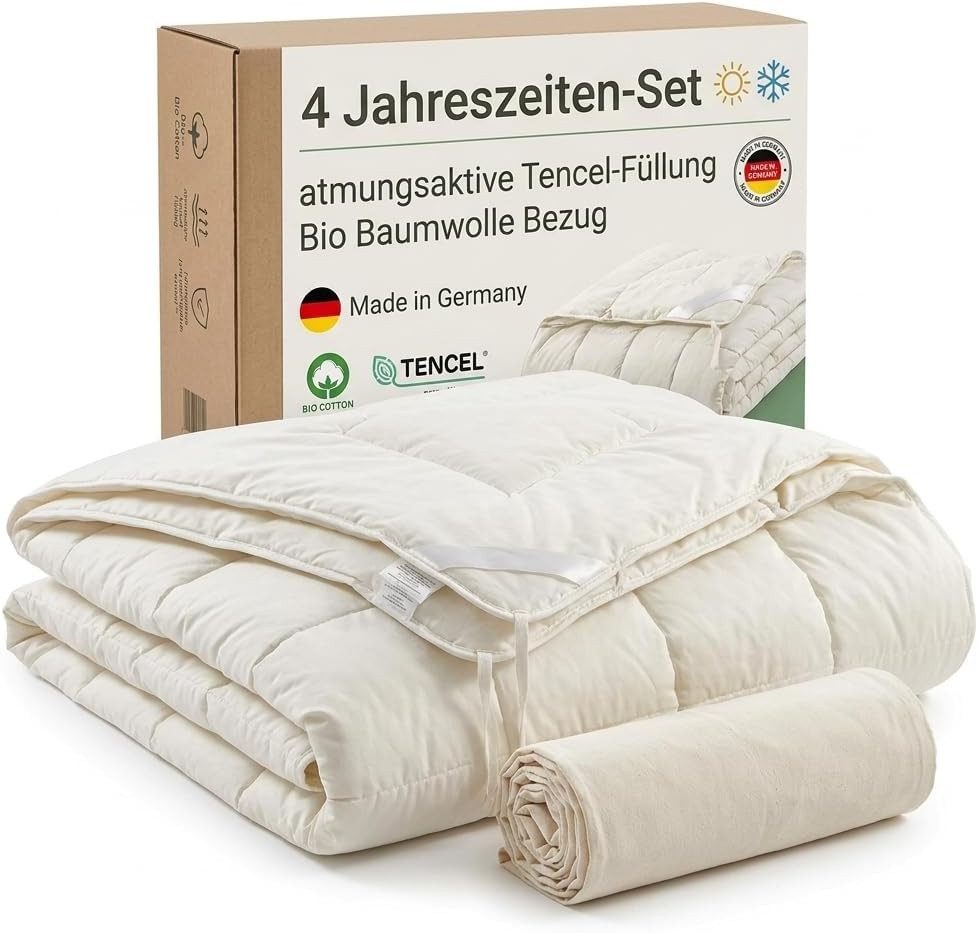 geborgenschlafen Naturfaserbettdecke Tencel Bettdecke Bio 4 Jahreszeiten Set Made in Germany, Füllung: Tencel, Bezug: 100 % Bio-Baumwolle, Sommer und Winterdecke aus Tencel mit Bio Baumwolle