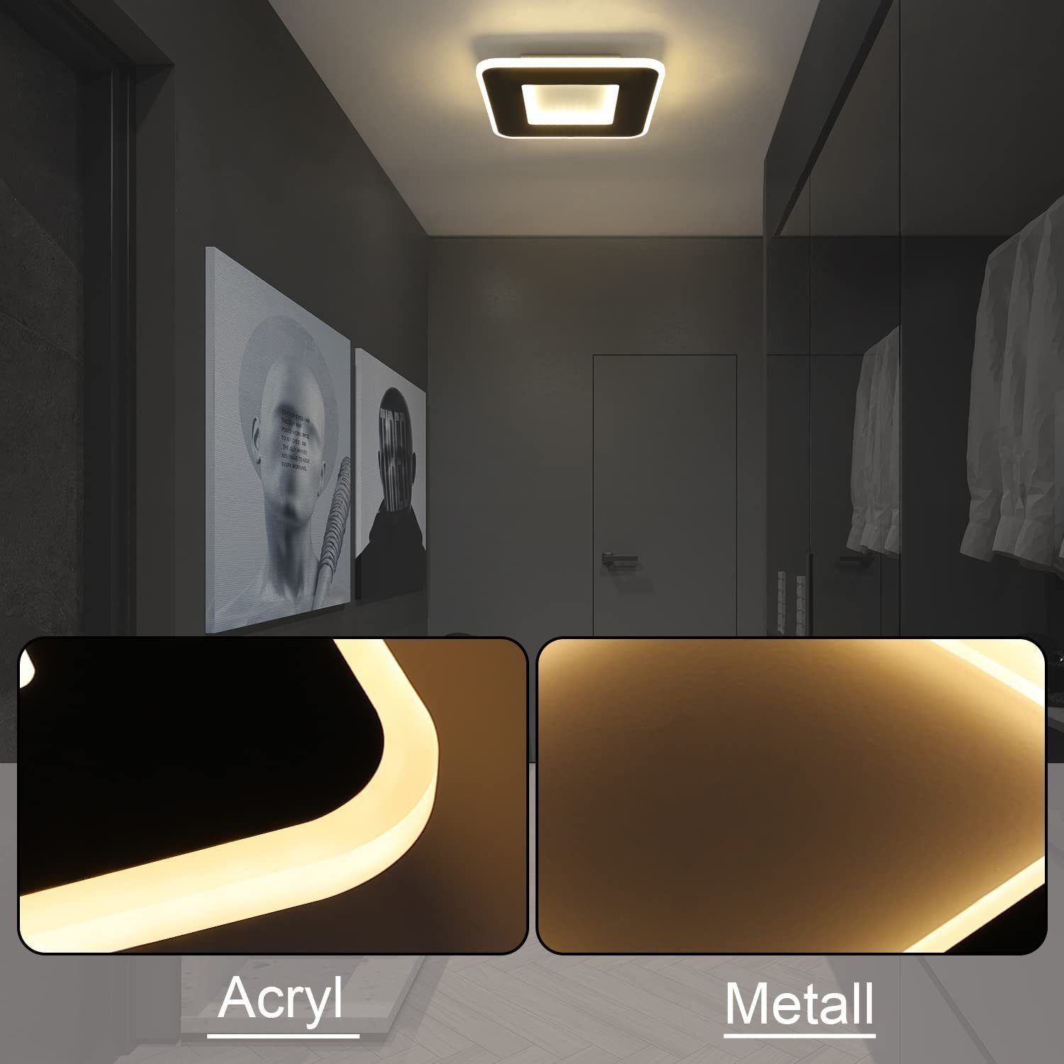 integriert, Küche LED Flur Deckenleuchte Warmweiß, Wohnzimmer Deckenlampe fest Quadratisch Nettlife LED Schwarz Schlafzimmer für Deckenbeleuchtung, 23W Modern