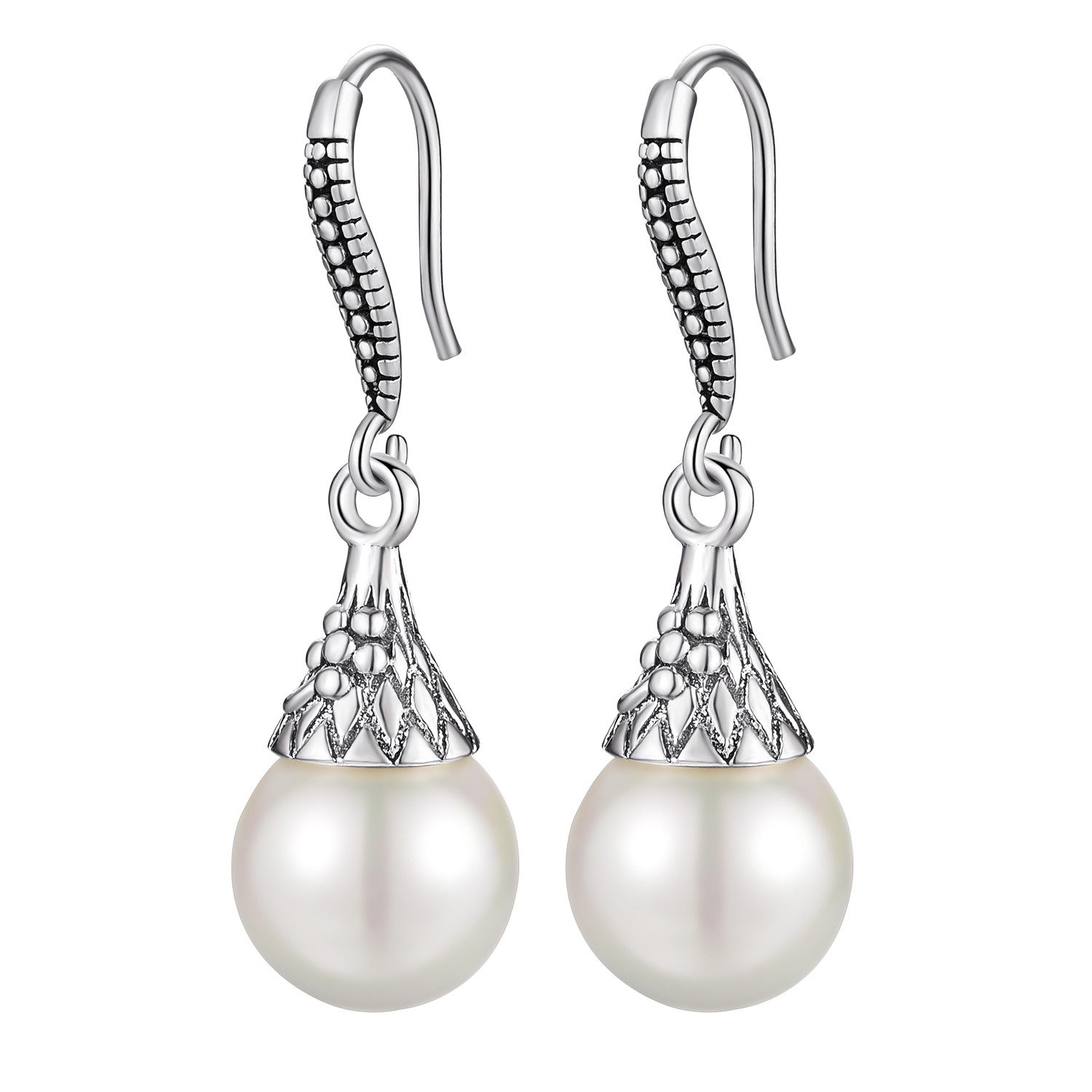 Runde Perlé Perlenohrringe Clara, handgefertigte Hängeohrringe, große Shell Perle, 925er Silber