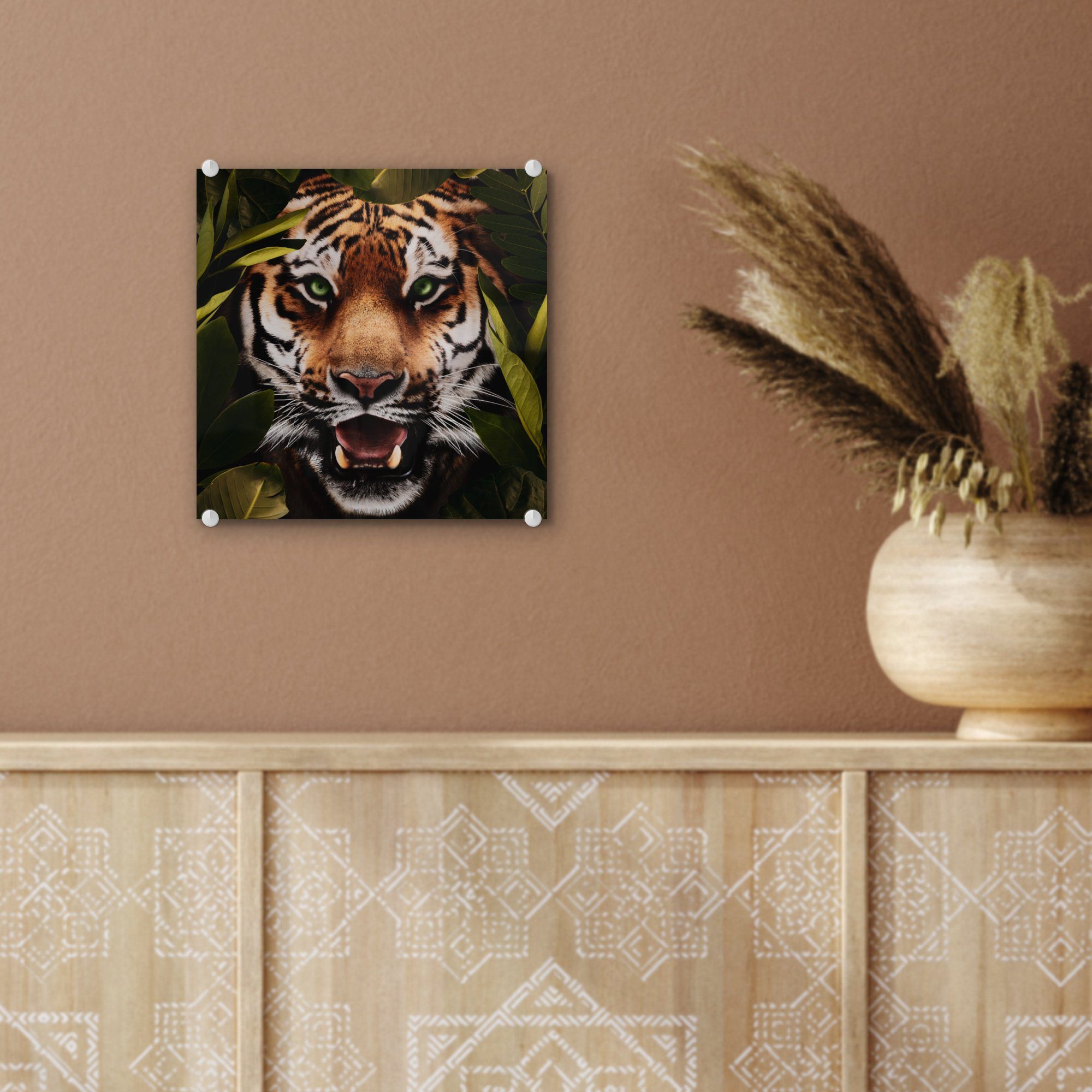 MuchoWow Acrylglasbild Tiger - Wandbild - Wanddekoration - St), Glasbilder Glas Blätter - - (1 auf Glas Foto Tiere, auf Bilder