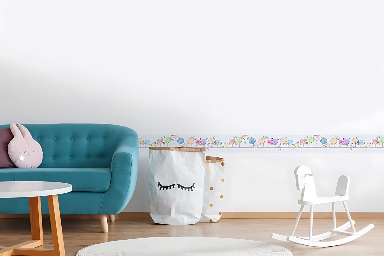 Profhome Bordüre 403724-GU Tiermotiv Tapete Kindertapete matt weiß blau lila 0,75 m2, leicht strukturiert, matt, (1 Rolle, 0,75 qm), selbstklebende Bordüre in cyan