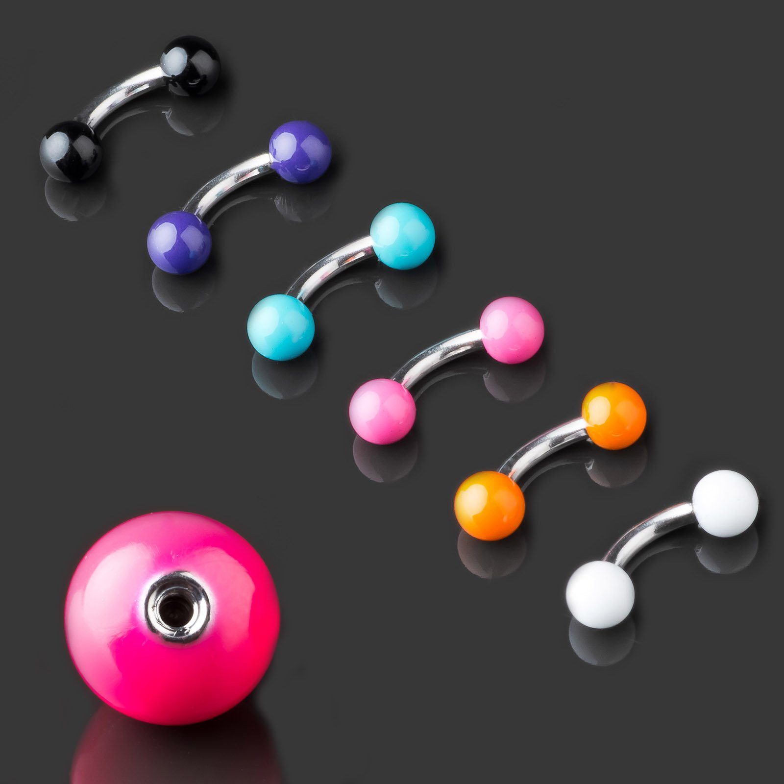 viva-adorno Augenbrauenpiercing 1,2 x 5mm Micro Piercing Banane Stahlkugeln glänzend emailliert, Curved Barbell 316L Chirurgenstahl