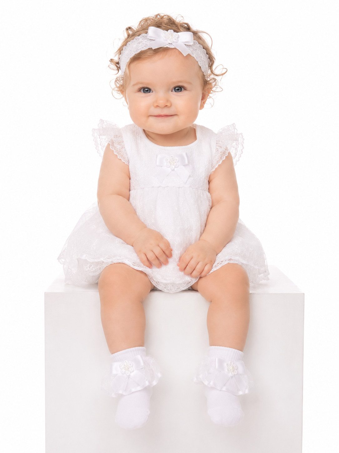 La Bortini Stirnband Baby Set Socken mit Rüschen und Kopfband in Weiß mit Schleifen festlich, Mädchen frilly Strümpfe mit Kopfschmuck, 15 bis 27