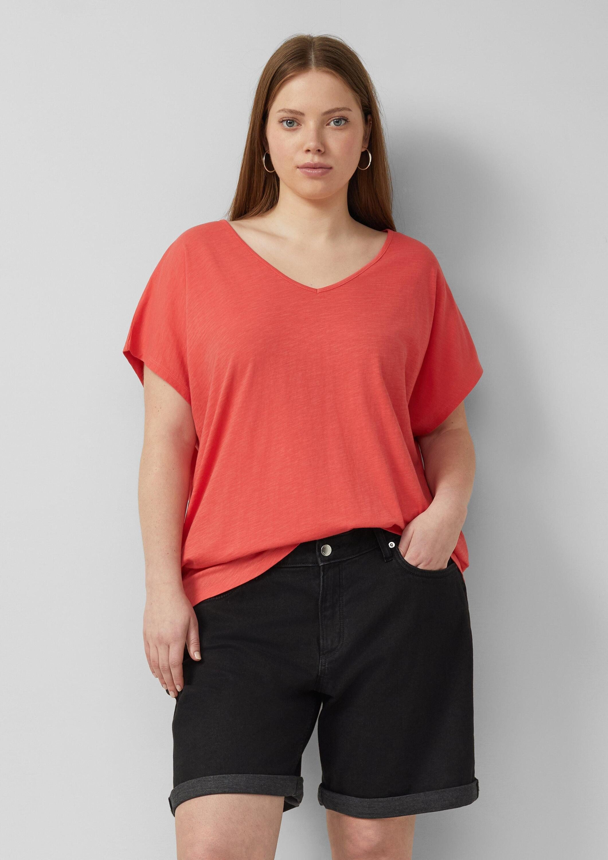 QS Kurzarmshirt T-Shirt Baumwollshirt mit Spitzeneinsatz