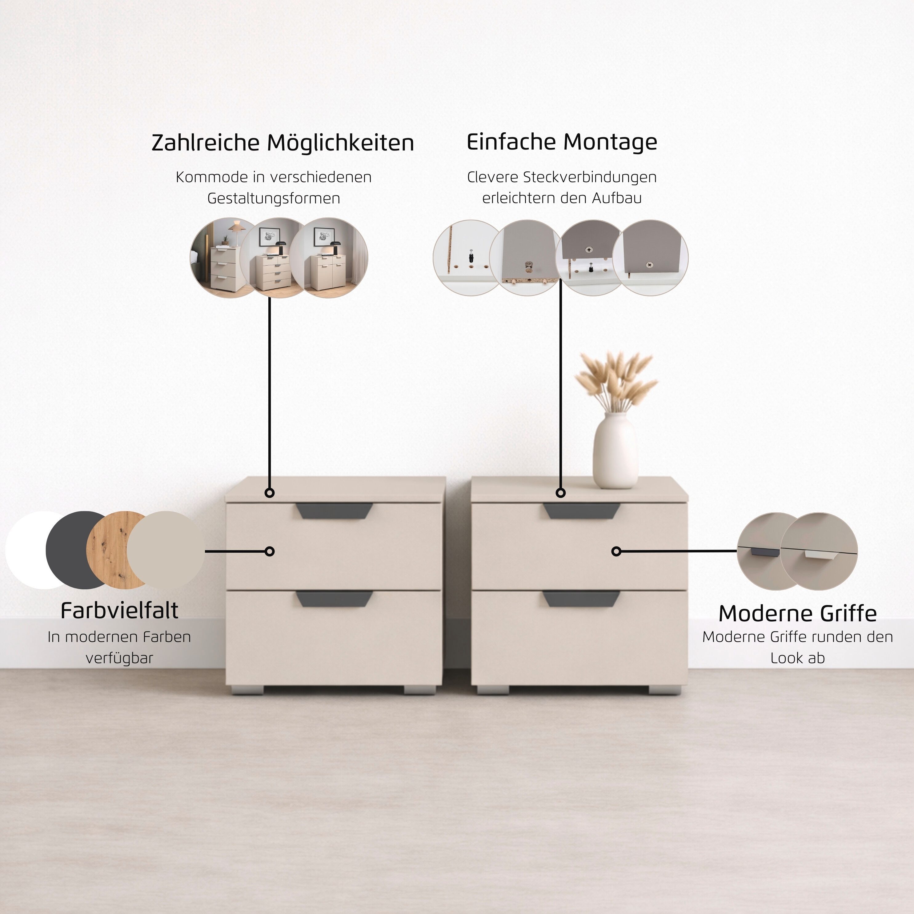 rauch Nachtkommode Nachttisch Nachtkonsole COSTA Set mit farblich passenden Metallgriffen (2 St., in 2 Griff-Farben, Breite je 40 cm), je zwei geräumige Schubla – Bild 5 von 5