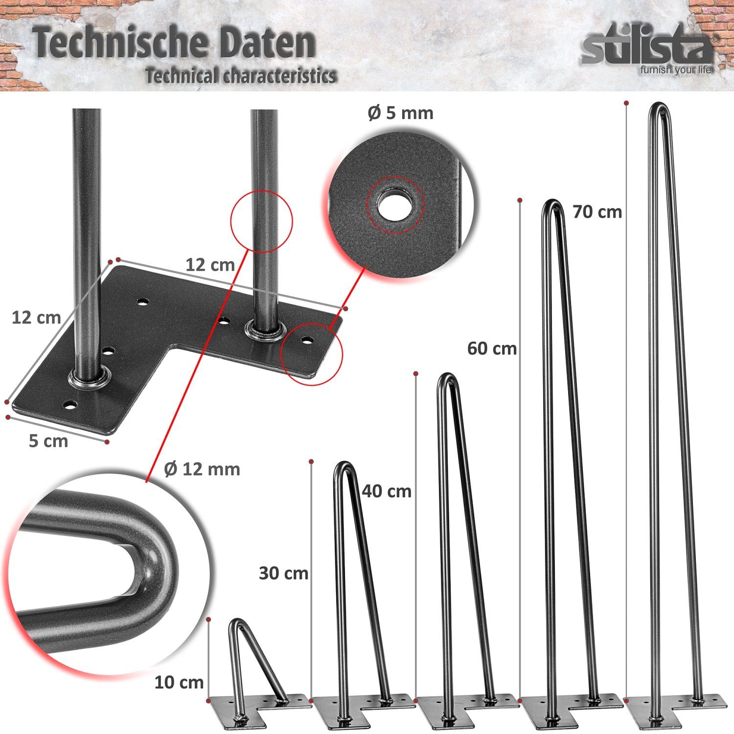 und Stk), Möbelfuß (Satz, Silber Haarnadelbeine Industriedesign, Hairpin Streben, Farb- 2 Möbelbeine, DIY, Legs Größenwahl 4 STILISTA Tischbeine