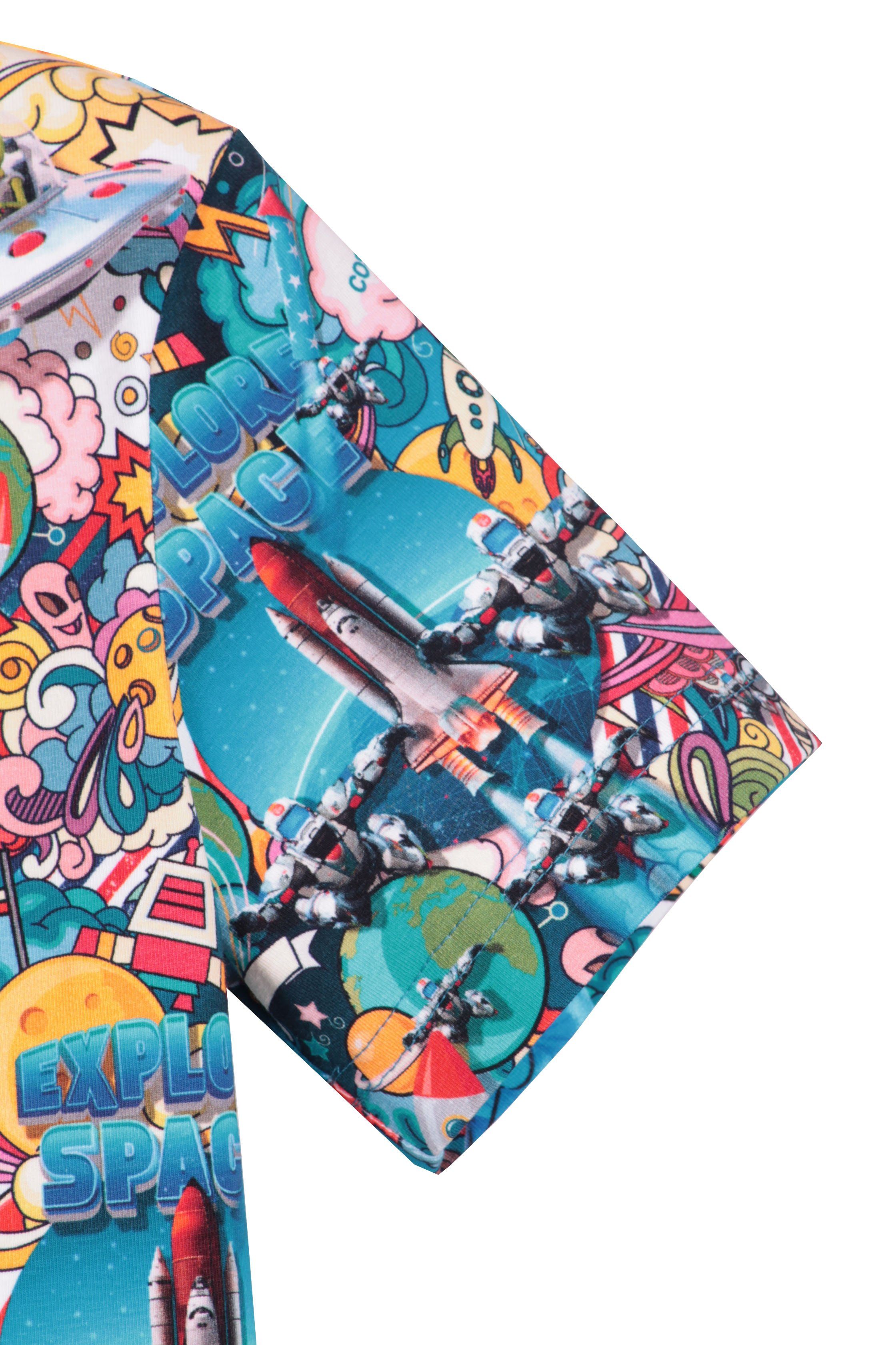 Rundhalsauschnitt, Comic-Raketen-Motiv coolismo mit für T-Shirt Alloverprint, Print-Shirt Jungen Baumwolle