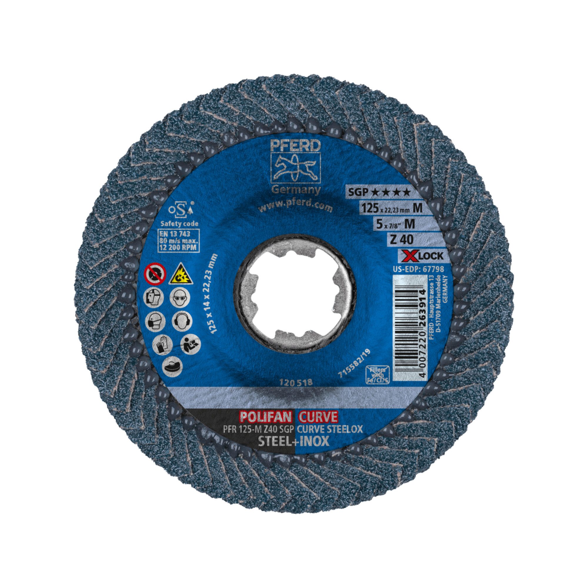 Pferd Schleifscheibe PFERD TOOLS POLIFAN CURVE Fächerscheibe PFR 125 mm X-LOCK Breite M Z40