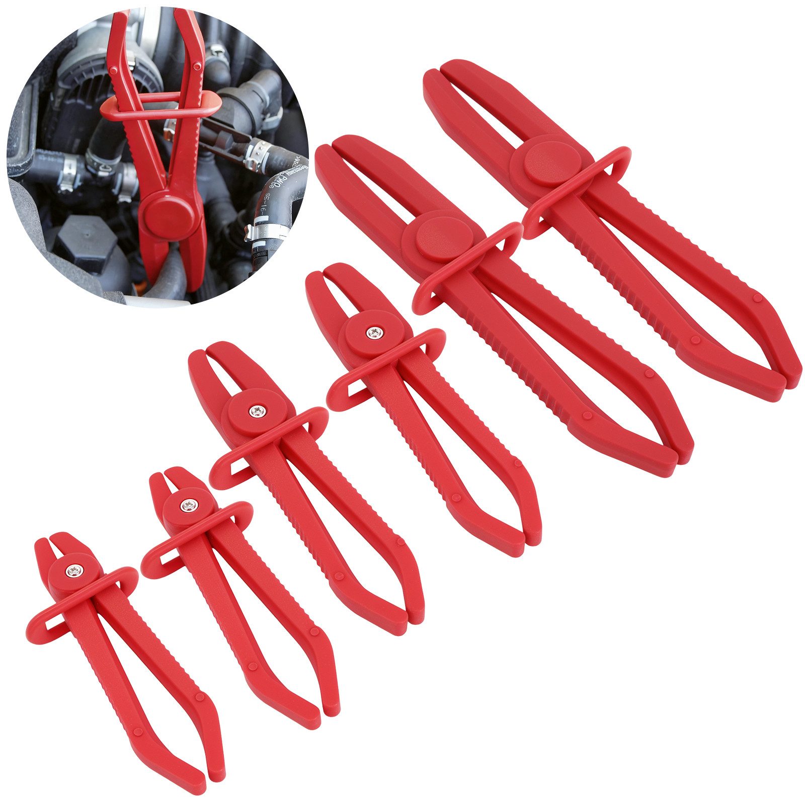 BlingBin Schlauchklemmenzange 6er Set Schlauch Pinch Off Zangen Set Line Klemmen, mit Sicherungsring, 6er Set 6-tlg., groß: 25 cm, mittel: 18,5 cm, klein: 15,5 cm, 3 Größen, für Bremsschläuche, Kraftstoffschläuche, Kühlmittelschläuche