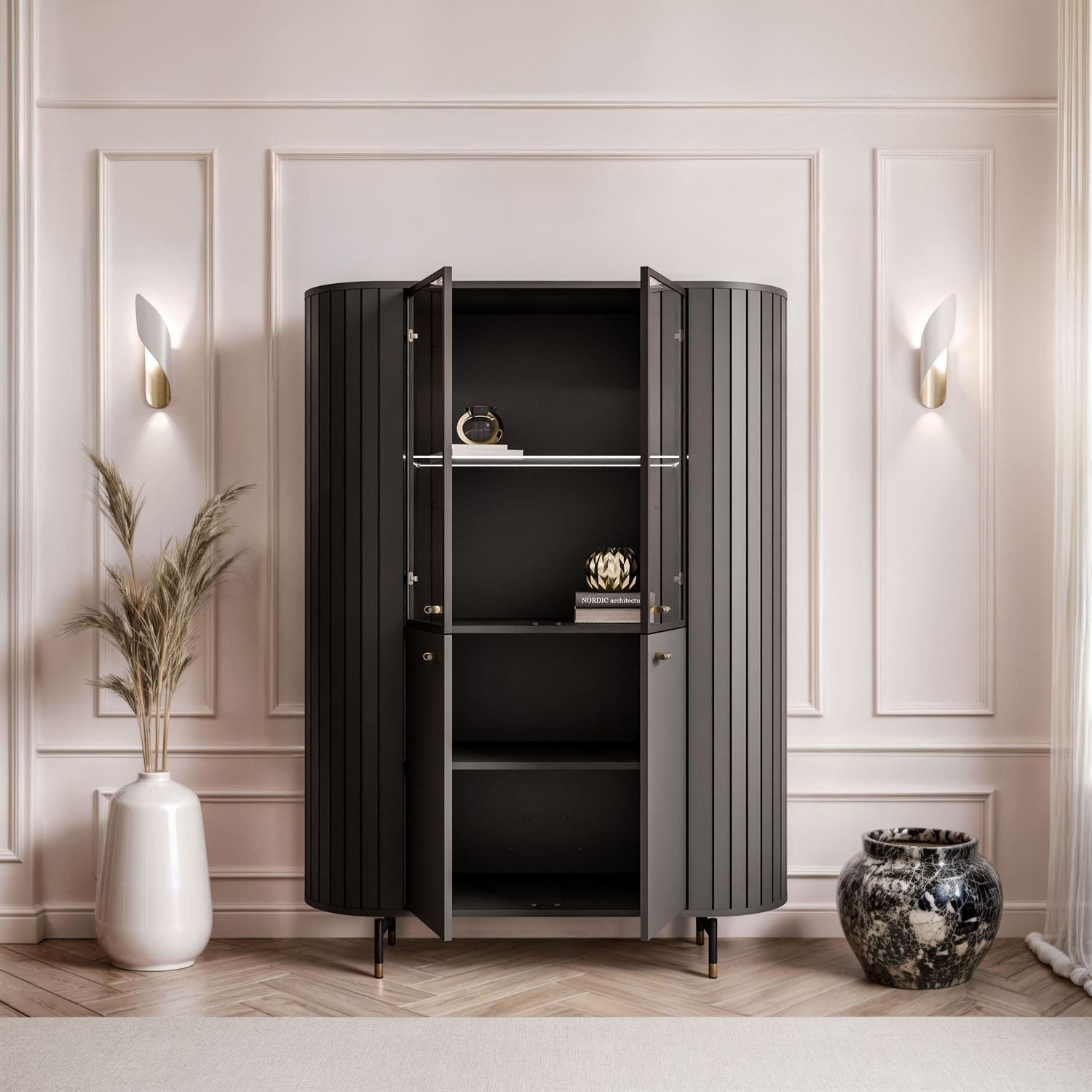 yourhouse24 Glasvitrine ELODIE mit LED-Beleuchtung Schwarz, günstig online kaufen