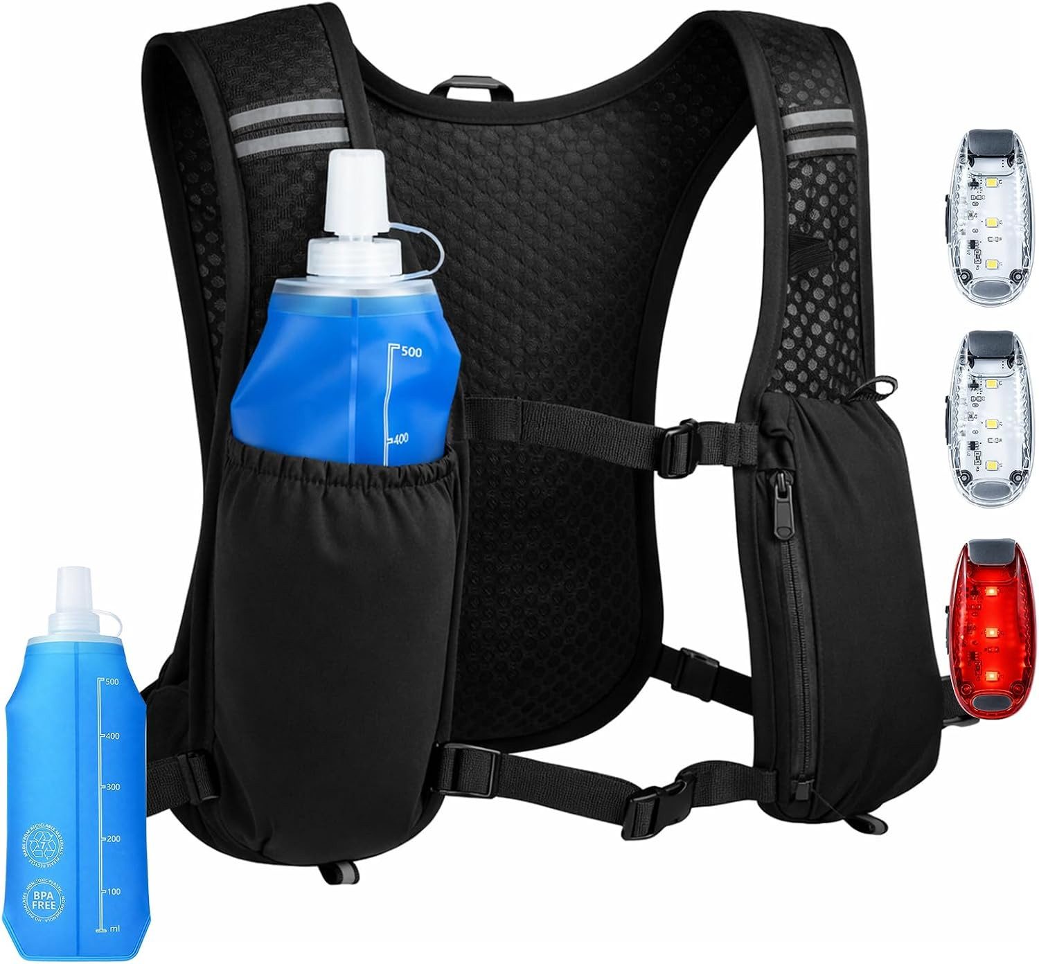 Fizzyo Trinkrucksack LED Laufweste mit Trinkflasche 500 ml Reflektierend 3 Taschen (LED-Laufweste mit 500-ml-Trinkflasche und reflektierenden Elementen, LED-Laufweste mit 500-ml-Trinkflasche und 3 Taschen), 3 LED-Leuchten, reflektierende Streifen, 500-ml-Trinkflasche