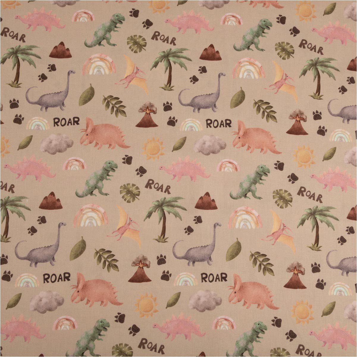 SCHÖNER LEBEN. Stoff Baumwollstoff Meterware Dinosaurier Digitaldruck beige grün rosa 148cm, allergikergeeignet