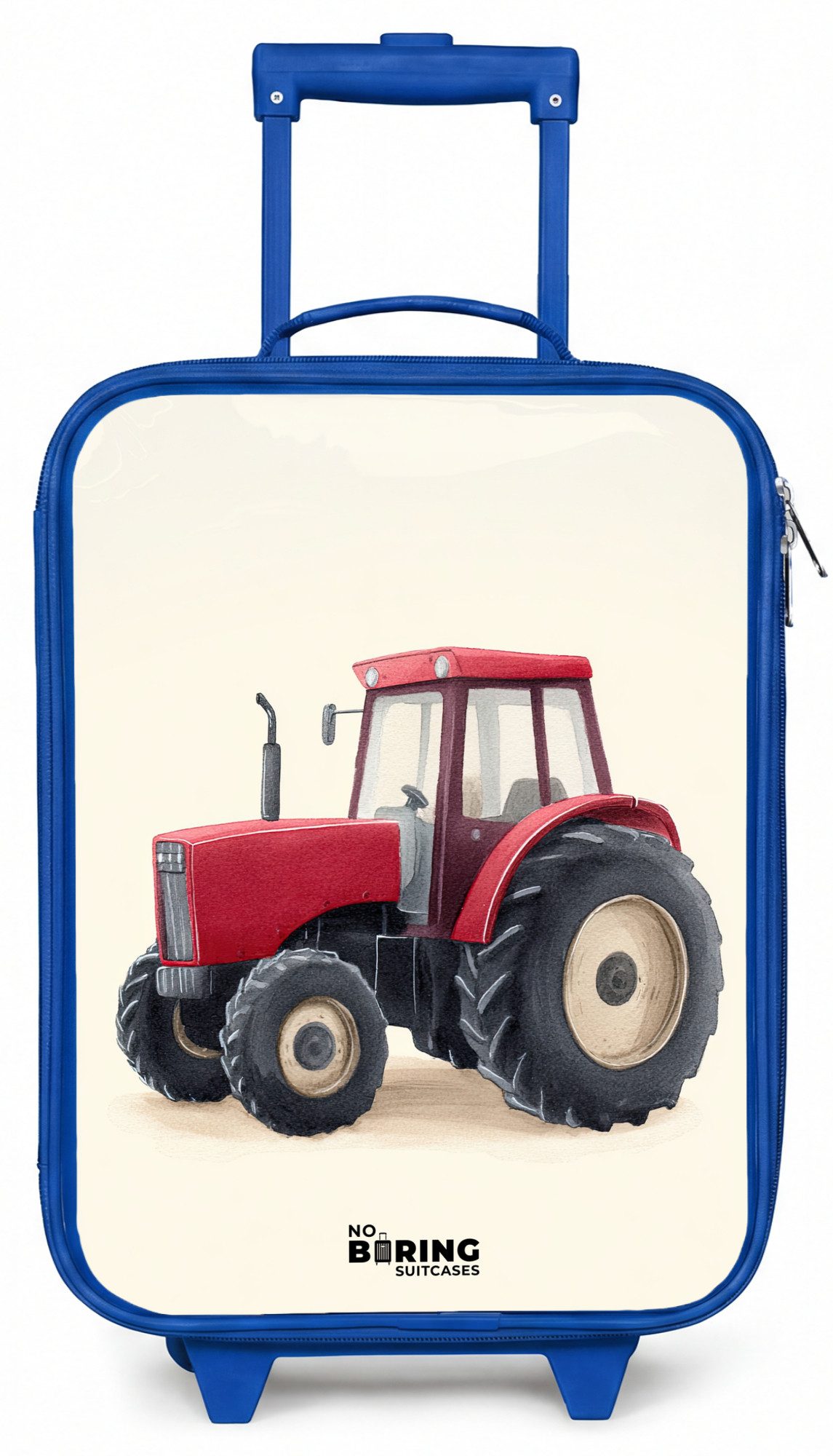 NoBoringSuitcases.com© Kinderkoffer Blau - mit leuchtende Räder - Traktor - Signiert - Rot, 2 Rollen, Handgepäck Koffer, Trolley Kinder, Reisekoffer Jungen