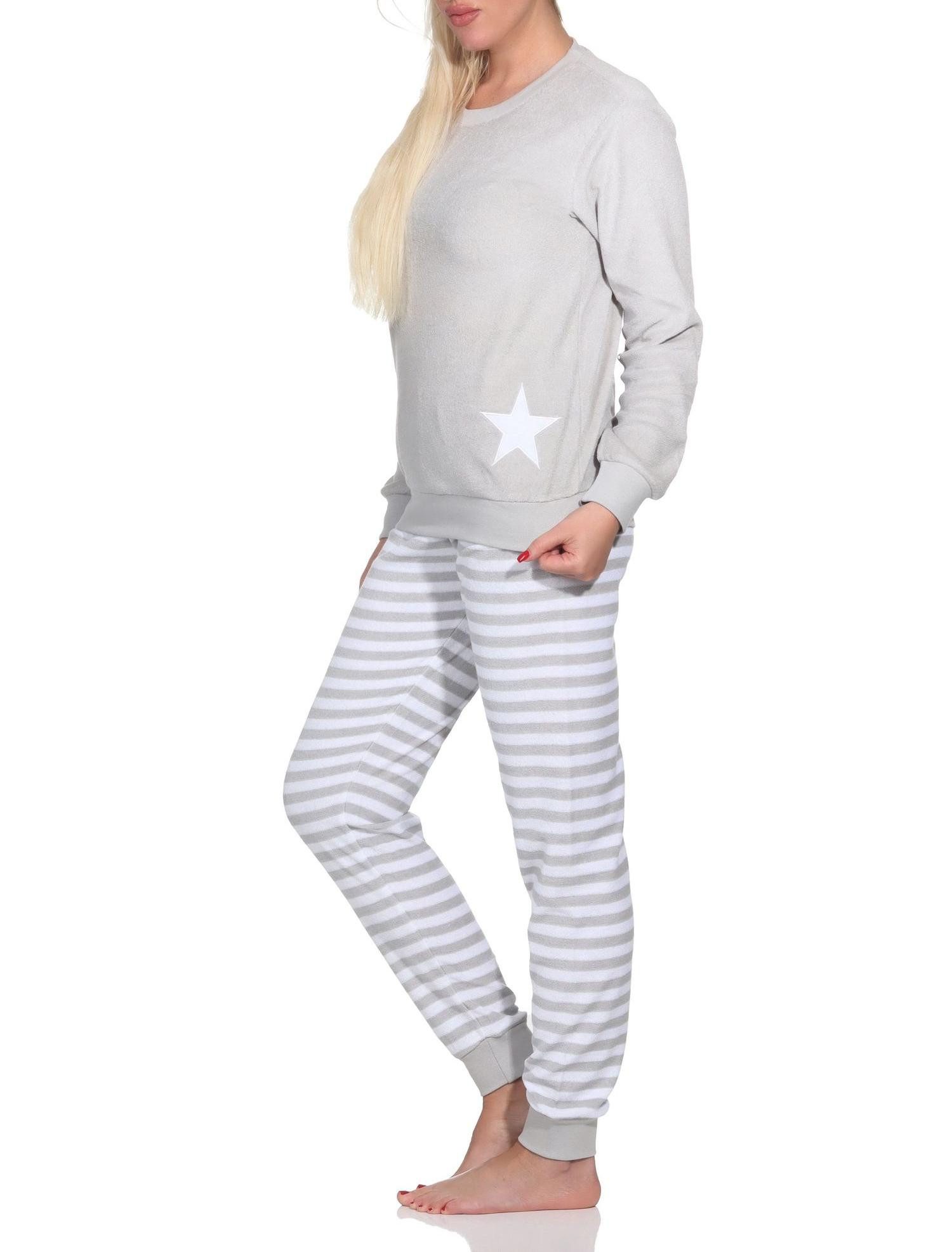 Pyjama Normann Damen Frottee Schlafanzug lang mit Bündchen in Sterne Optik