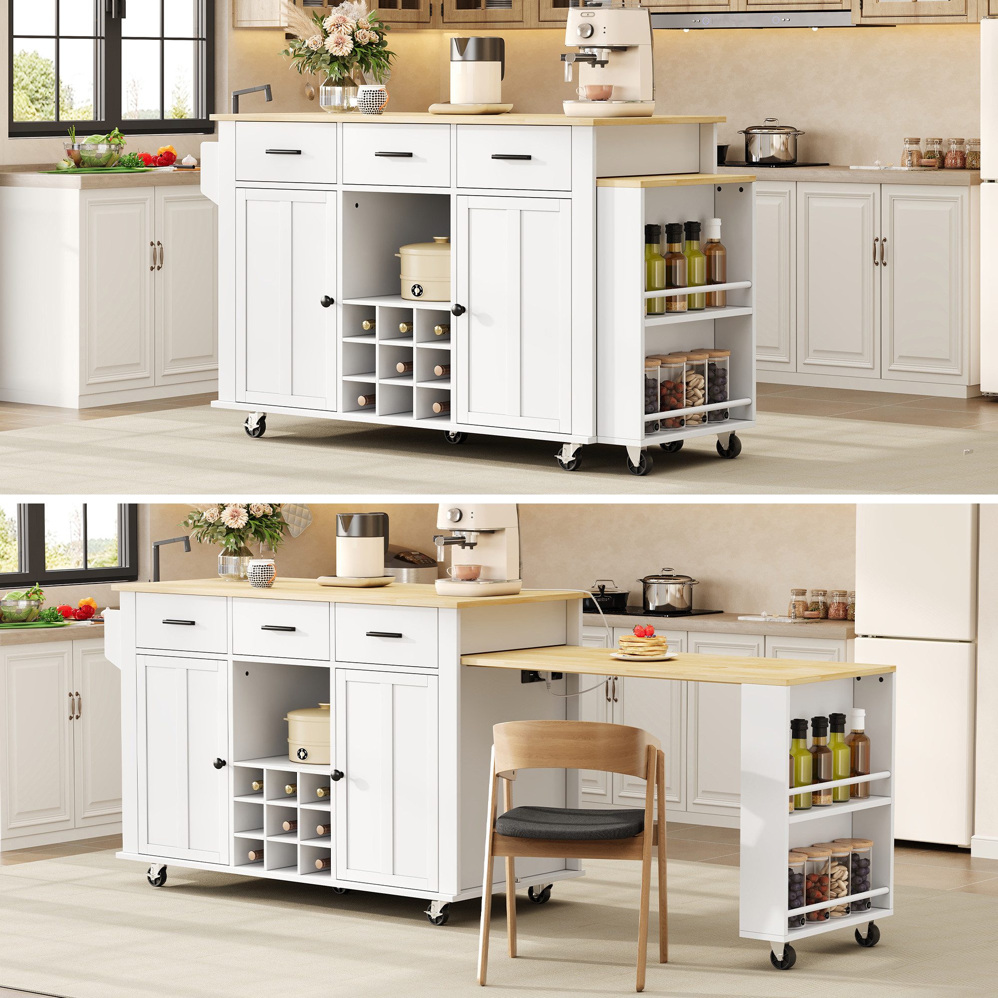 BlingBin Kücheninsel Küchenschrank mit ausziehbarer Arbeitsplatte,136(223)x50x93cm, (3 Packung), Küchenwagen mit 3 Schubladen,Weinregal,Steckdose mit USB und 7 Rollen