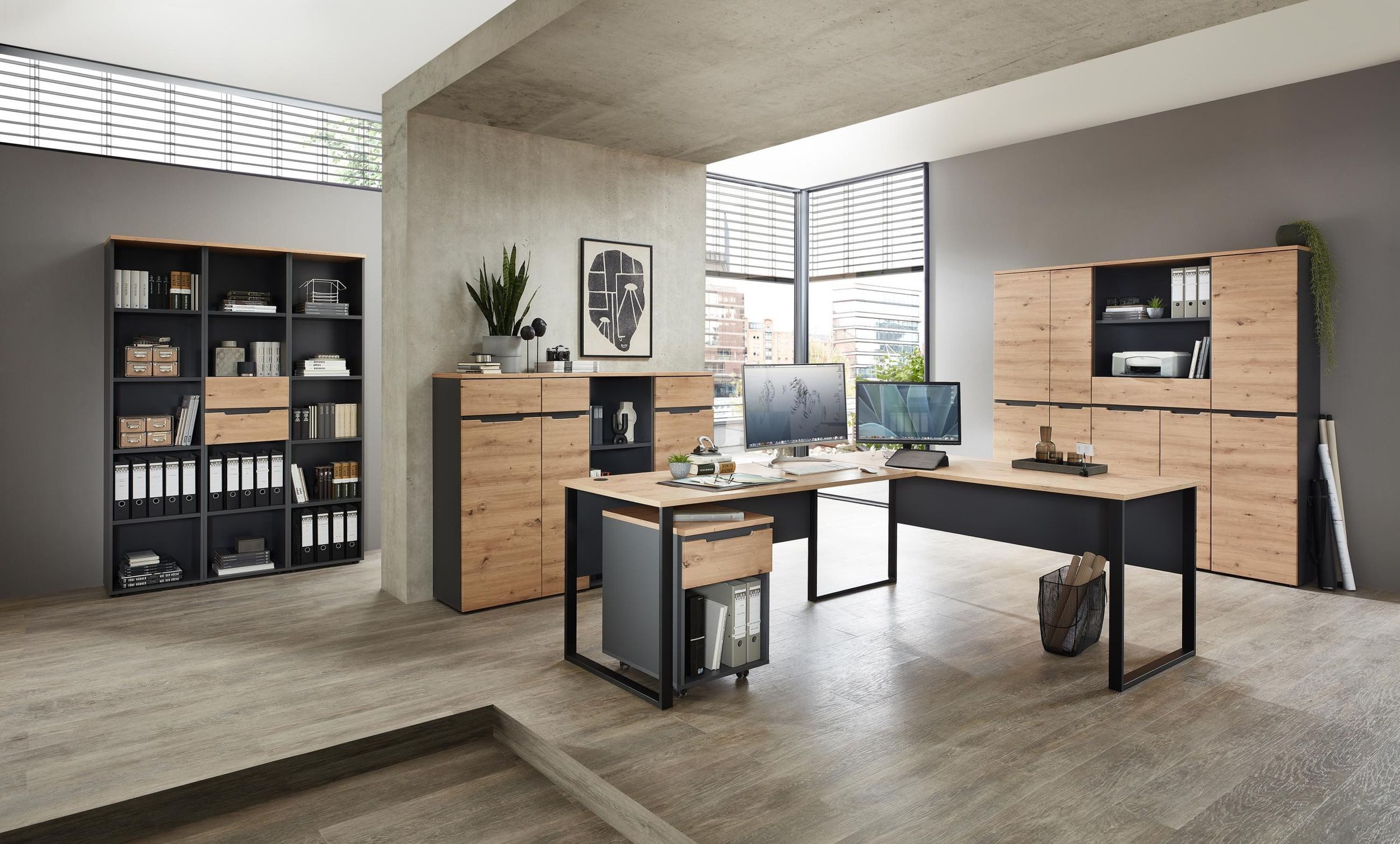 Innostyle Büromöbel-Set Komplettbüro MEMPHIS II 11-teilig Front Artisan Eiche Korpus Graphit, (Komplett-Set, 11-tlg., 5x Schrank, 4x Regal, 1x Schreibtisch, 1x Rollcontainer)