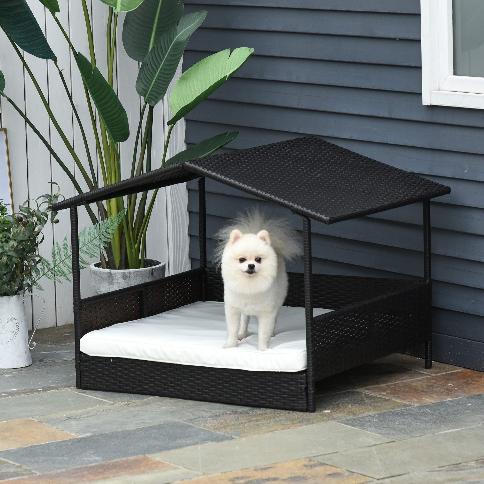 PawHut Hundehütte Rattan Hundehaus mit Kissen, Hundebett im Hausform, für k günstig online kaufen