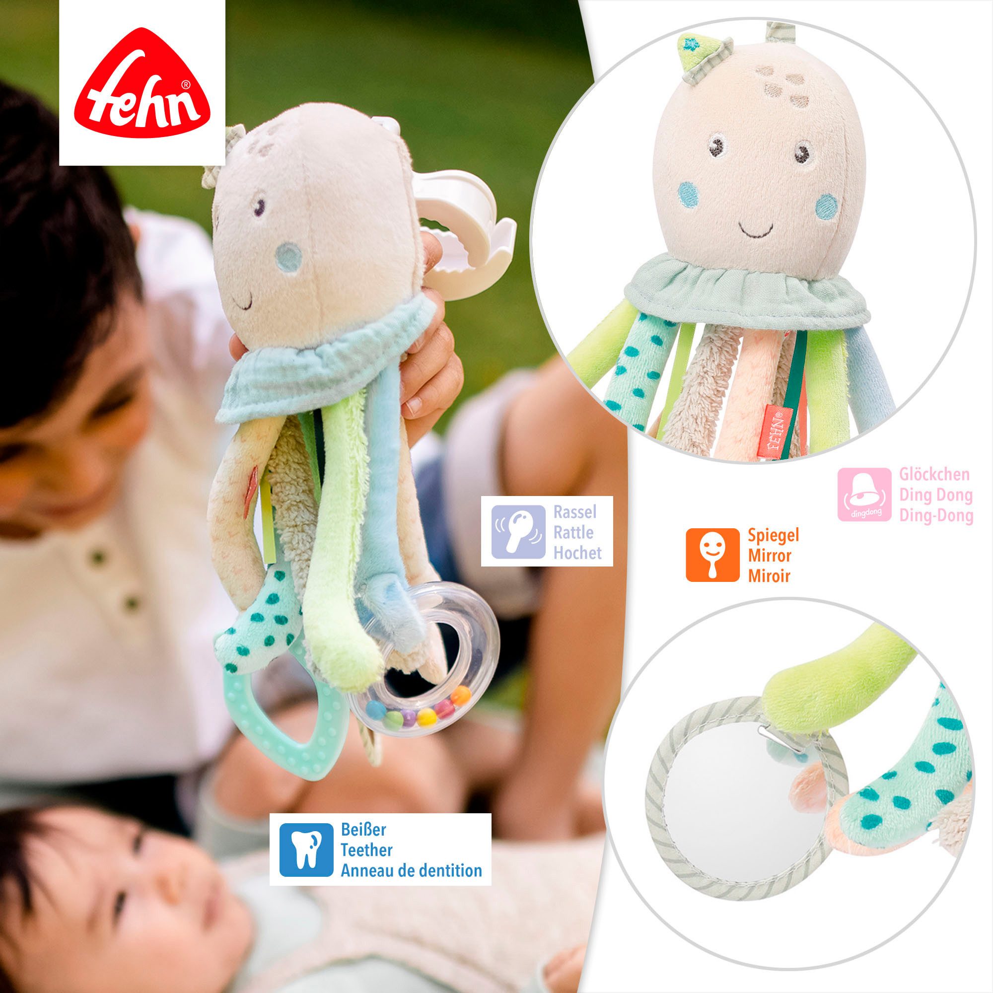 Fehn Greifspielzeug Meereskinder, Activity-Oktopus, zur Befestigung an Kinderwagen, Babyschale oder Bett