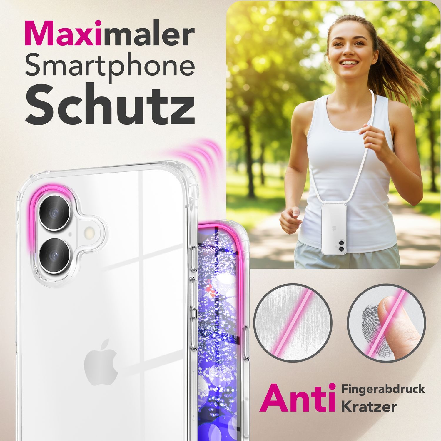 Nalia Smartphone-Hülle Apple iPhone 17 16 cm (6,3 Zoll), Klare Hülle mit Band zum Umhängen / 160cm Handy Kette Verstellbar