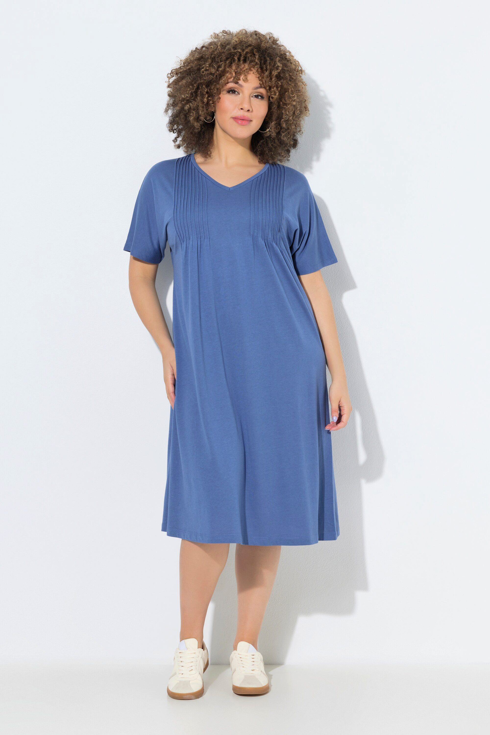 Ulla Popken Jerseykleid Jerseykleid Biesen A-Linie V-Ausschnitt Halbarm