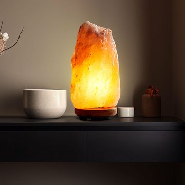 etc-shop LED Tischleuchte, Leuchtmittel nicht inklusive, Tischleuchte Nachttischlampe Salzkristall Holz naturfarben H 19 cm