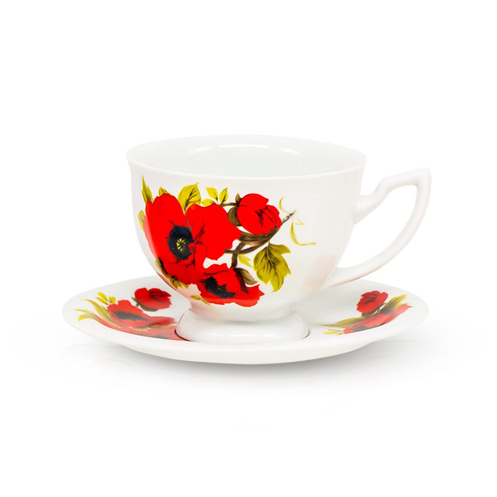 Teeservice Teetasse mit Untertasse 370 ml Porzellan Mohnblumen Königlich 2-teilig (2-tlg), 1 Personen, Porzellan