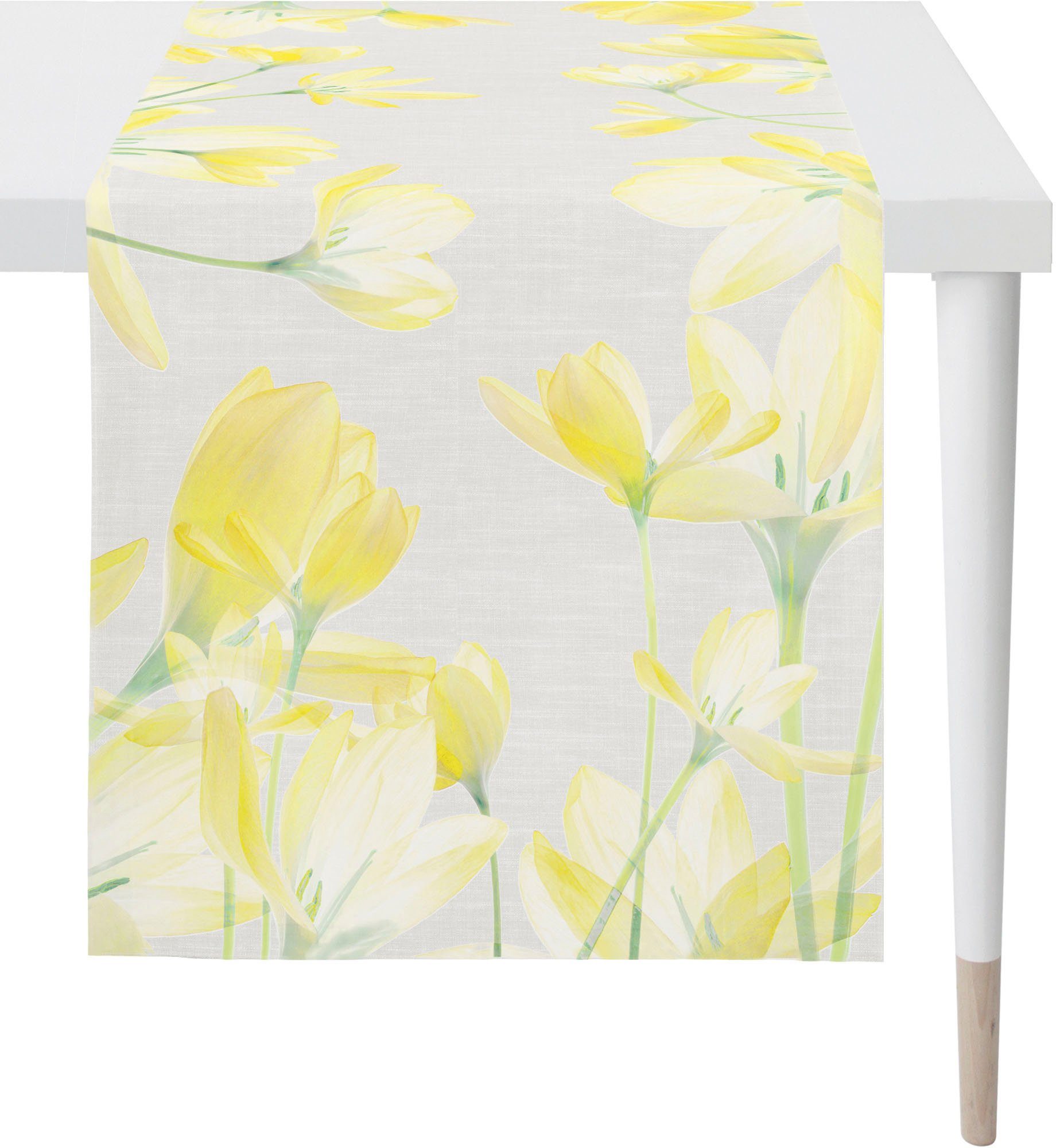 Frühjahrsdeko, Tischläufer SPRINGTIME, (1-tlg), 6508 Frühling gelb/grau/weiß Digitaldruck APELT