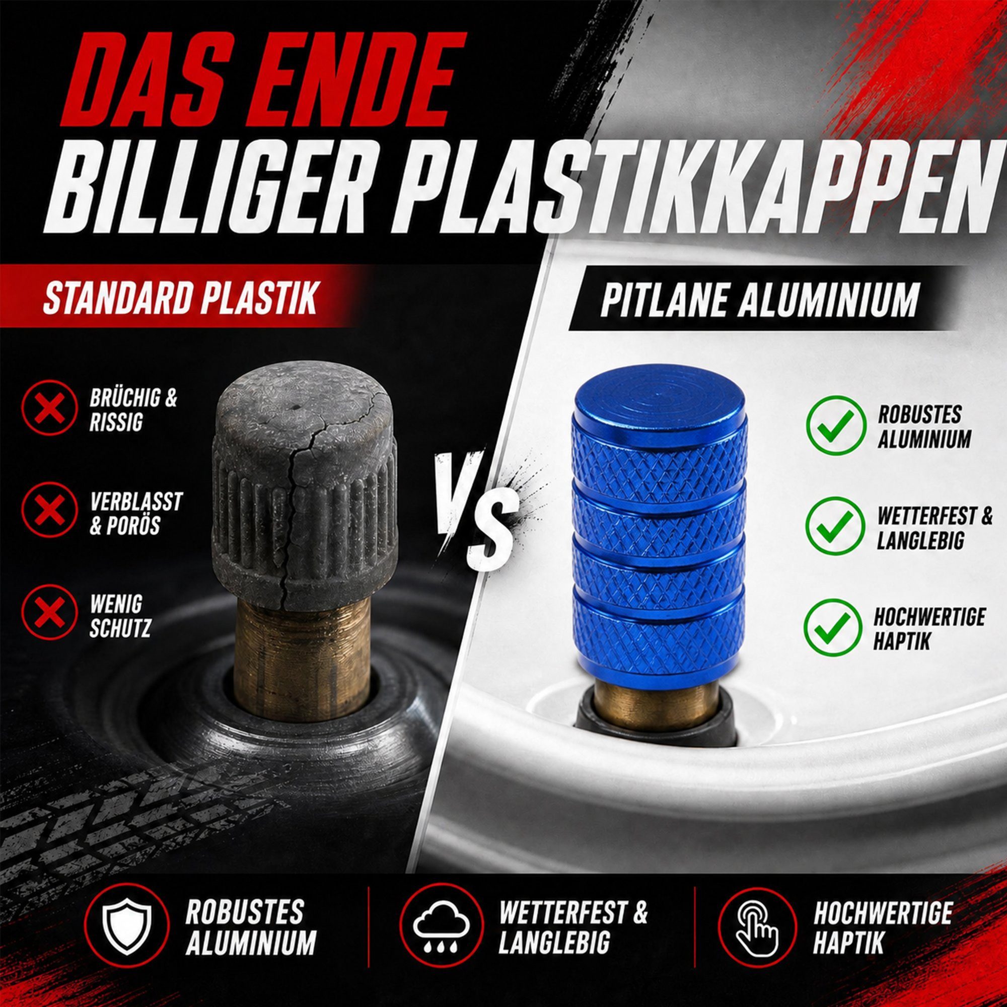 Pitlane Performance Ventilkappe Alu-Ventilkappen für Schrader-Ventile, (Ventilkappen-Set, 4-St., 4 Stück aus Aluminium), Korrosionsschutz und innenliegende Dich – Bild 5 von 5