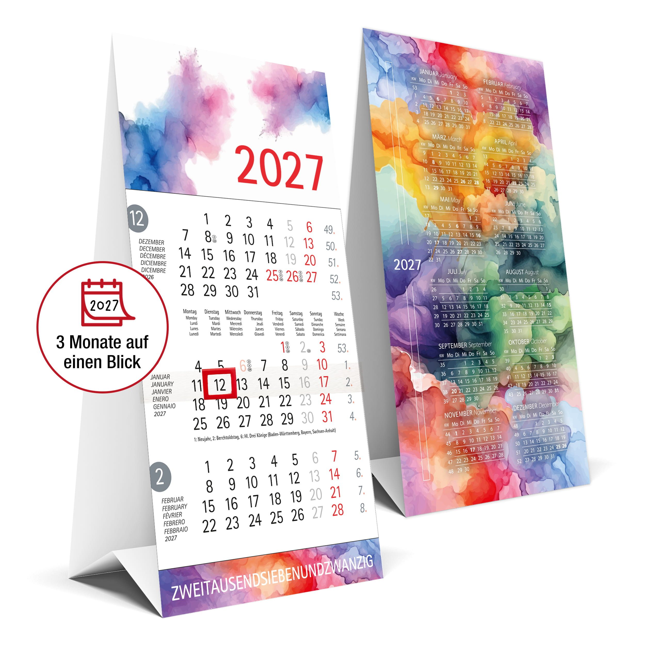 TOBJA Tischkalender 3 Monatskalender 2027 Tischkalender Datumsschieber Aquarell, 3 Monate im Blick, Datumsschieber, Abreißblätter, FSC, 18,5x9,8 cm
