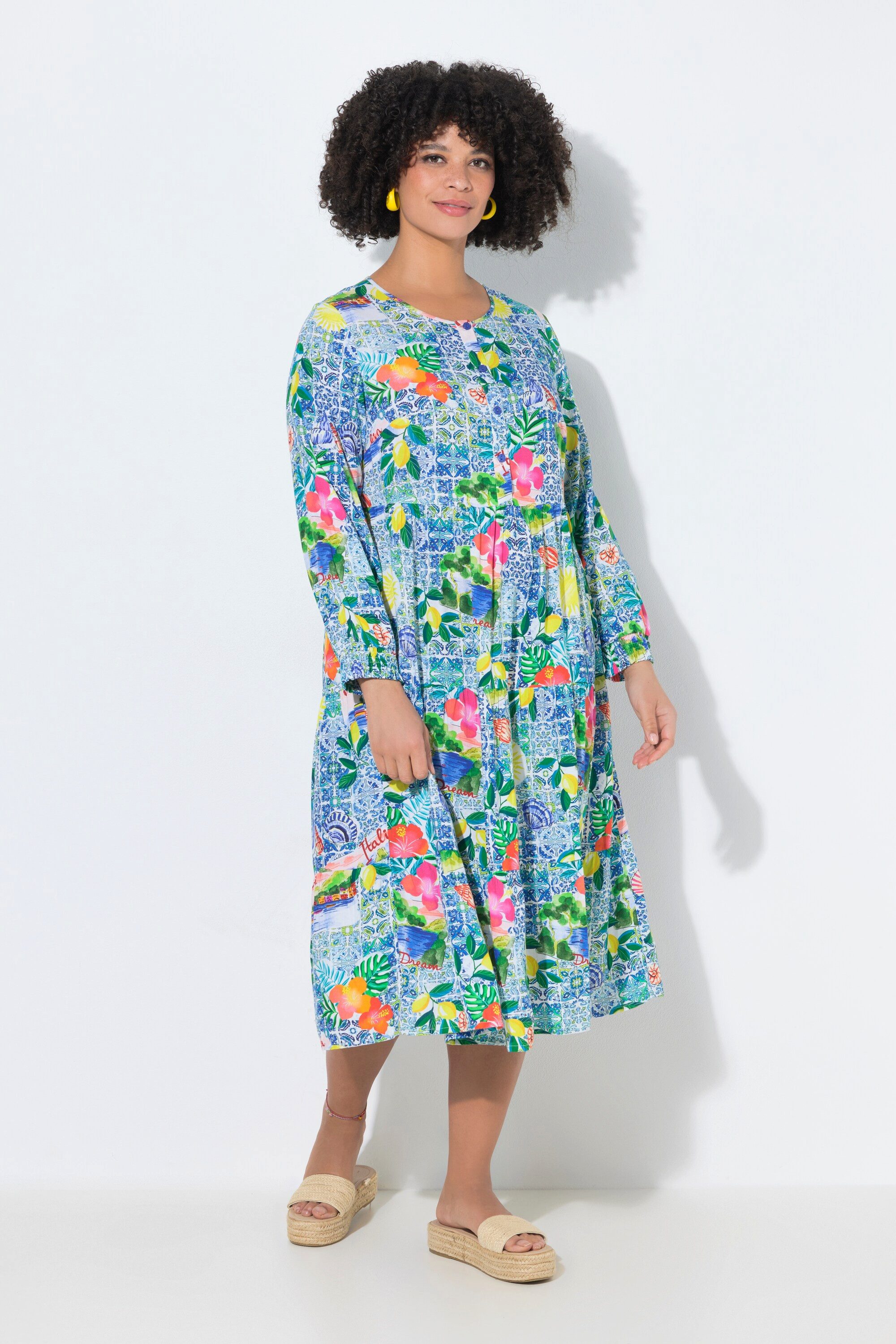 Jerseykleid Maxikleid Capri-Muster Langarm Volants