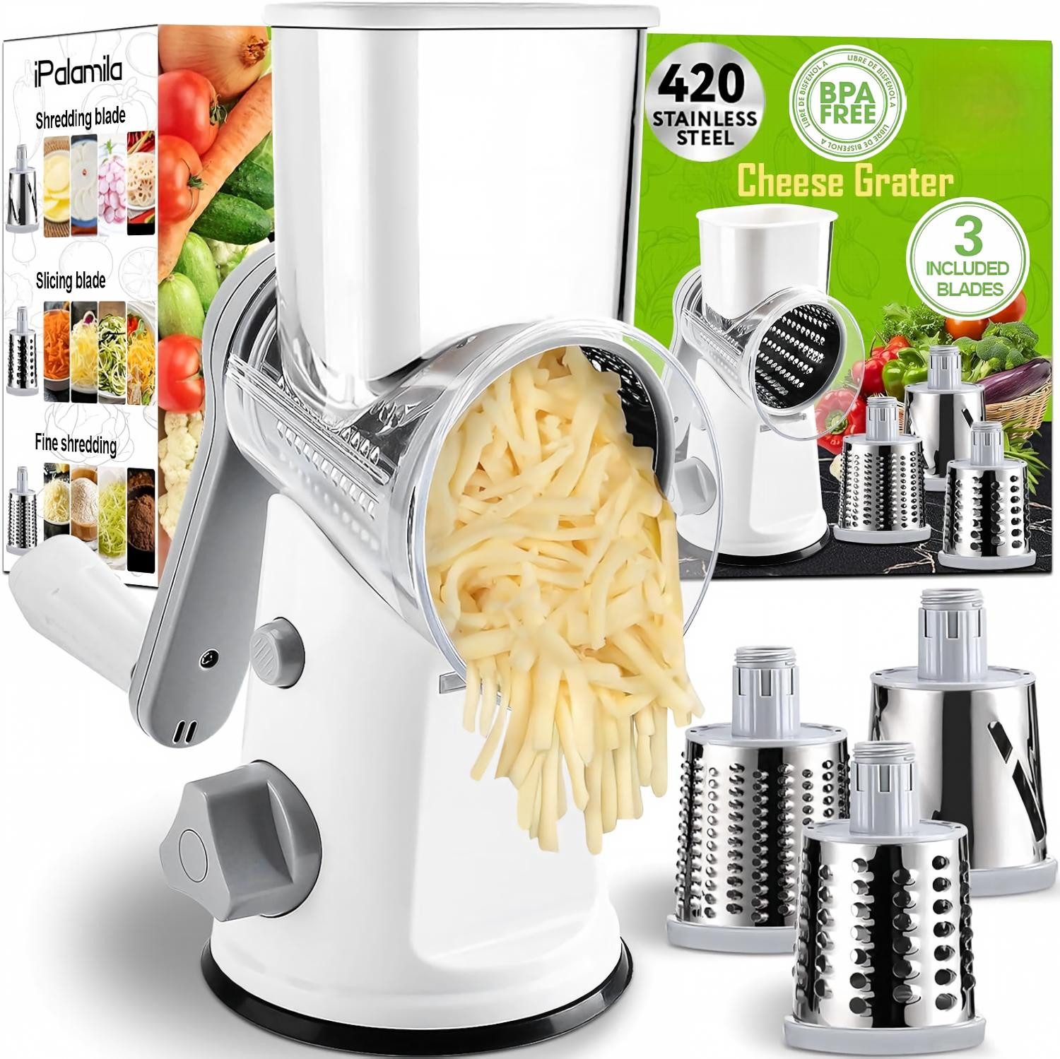Kityhome Gemüseschneider Käsereibe mit Handkurbel,mit 3 Edelstahlklingen und Saugfuß, Gemüseschneider für Käse, Gemüse, Nüsse, Schokolade