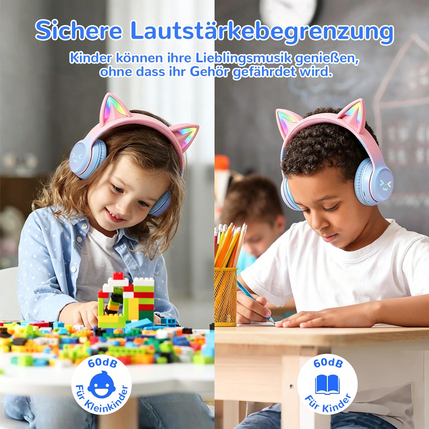 FOSMET Bluetooth Kopfhörer Kinder mit LED-Leuchten 60dBA Lautstärkebegrenzung Over-Ear-Kopfhörer (10 Stunden Spielzeit, Stereo-Sound, Kinderkopfhörer für Tablet/Reisen)
