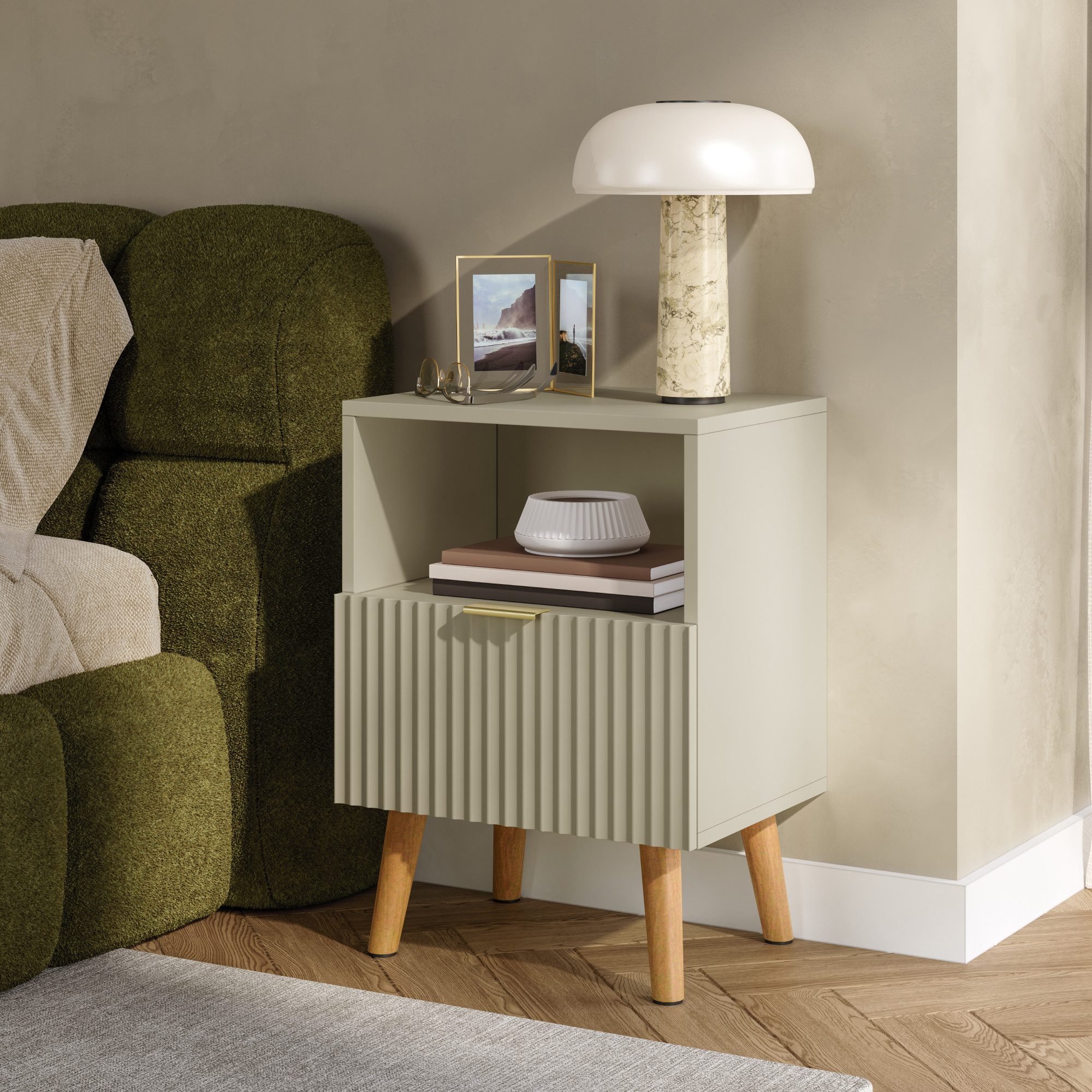 en.casa Nachttisch (1-St), »Nand« 1 Schublade 1 offenes Fach 55x40x30 cm Holzbeine Sandfarben