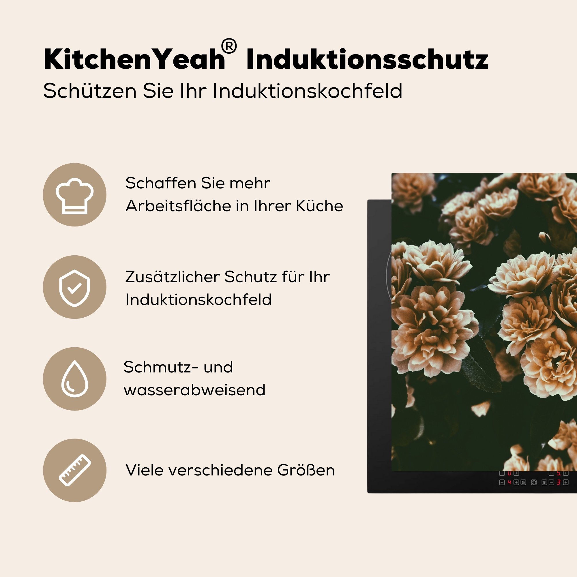 cm, Herdblende-/Abdeckplatte Braun, MuchoWow 60x52 Blumen - tlg), (1 Wild Ceranfeldabdeckung nutzbar, - Mobile Vinyl, Arbeitsfläche