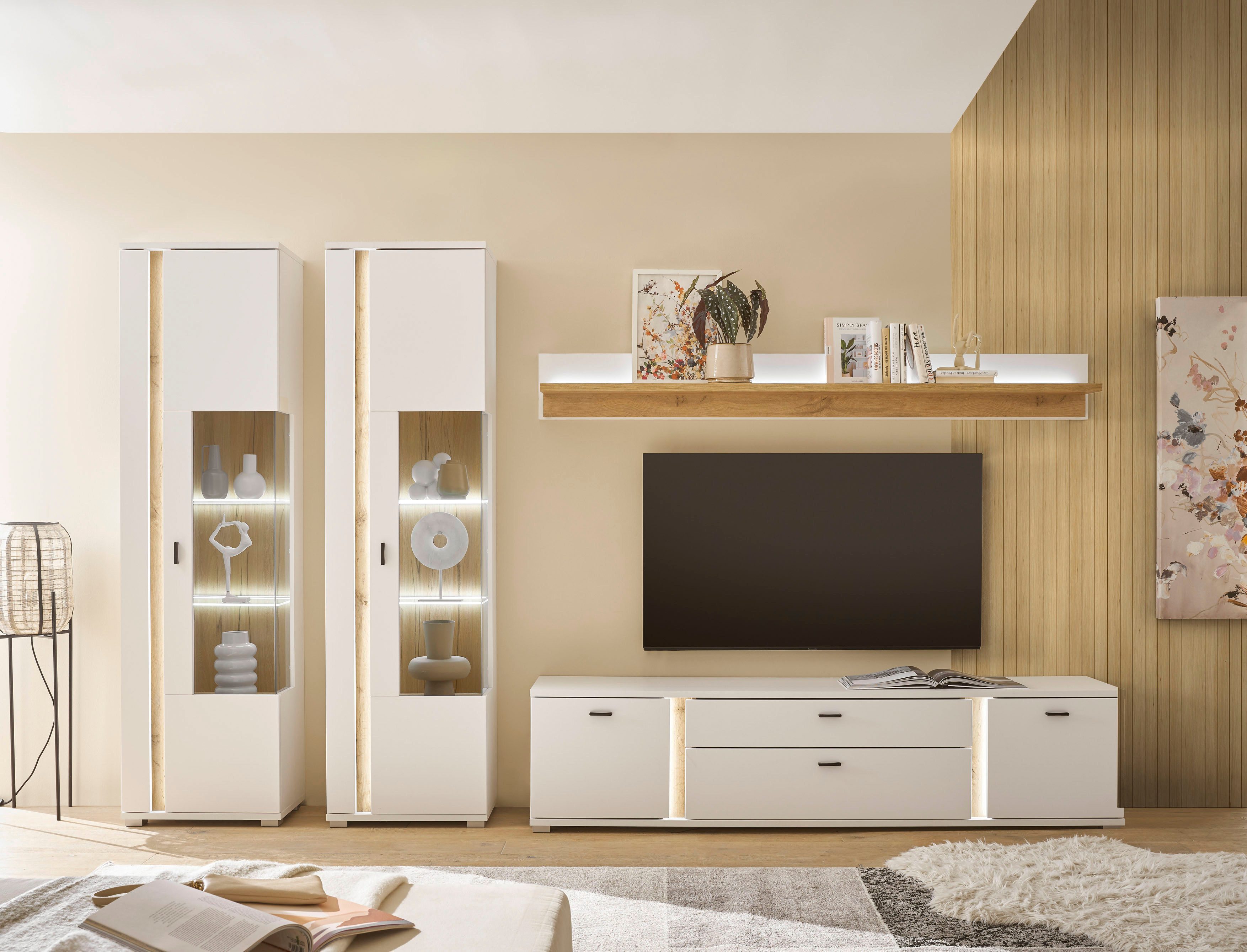 Home affaire Wohnwand LONG ISLAND, (Set, 4-St), in moderner Trendfarbe,inklusive senkrechter Beleuchtung,Breite 330 cm