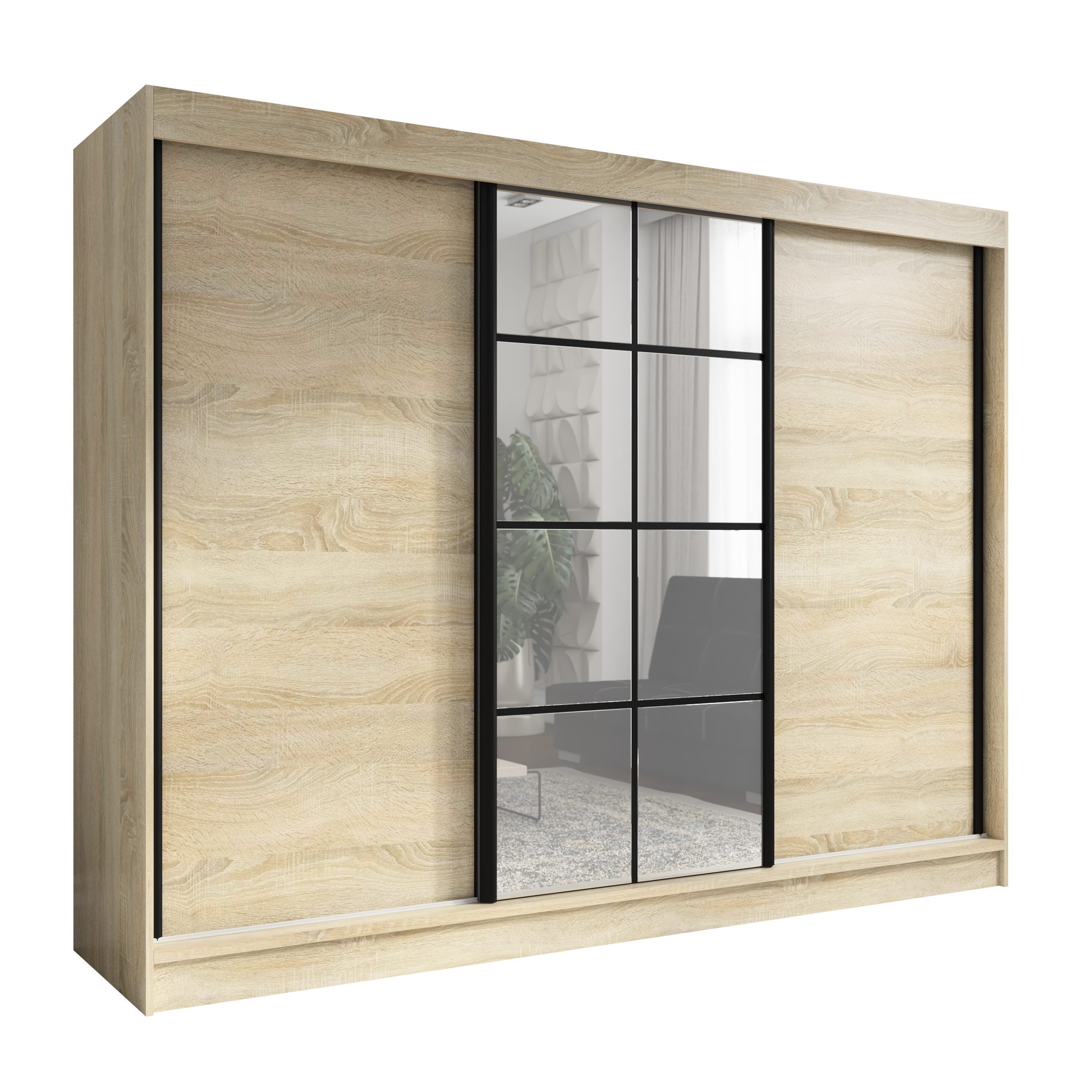 A&J MöbelLand GmbH Schiebetürenschrank ORAVELLE 3-türiger Kleiderschrank mit Spiegel, 4 Schubladen (TOP ANGEBOT! Geräumiger Schrank mit einer Breite von 200 cm und Spiegel, ideal zur Aufbewahrung von Kleidung und Accessoires. 4 Schubladen gratis und viel Stauraum. TOP PRODUKT! Wählen Sie das ideale Modell für Ihr Schlafzimmer!, Gratis 4 Schubladen – Katalogpreis der Schubladen 219 Euro) Breite: 200 cm, Höhe: 215 cm, Tiefe: 59,5 cm